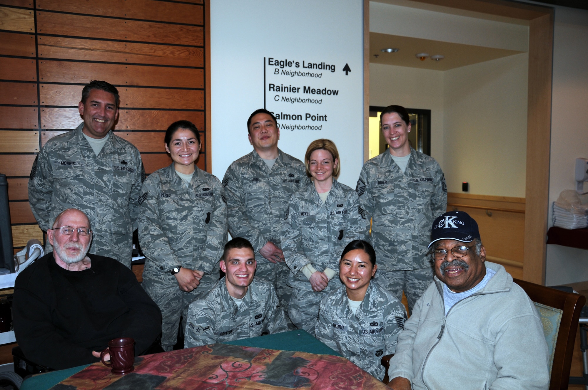 Reservists from the 446th Airlift Wing at Joint Base Lewis McChord-McChord field visited the American Lake Veterans Hospital on April 30.  The 446 AW particpates quarterly in the Visit a Vet program sponsored by the American Red Cross where servicemembers visit local veterans hospitals. (U.S. Air Force photo by 2nd Lt. Denise Hauser/Released)