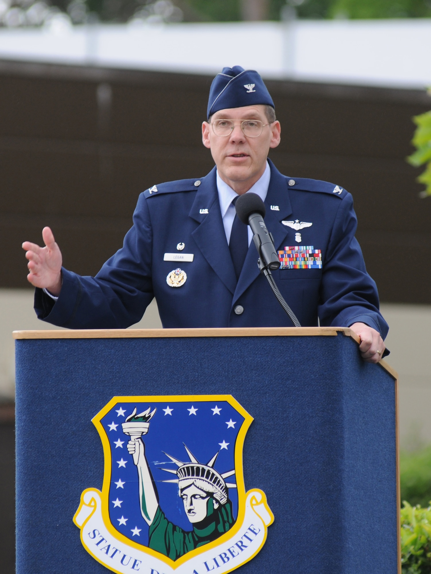 ROYAL AIR FORCE LAKENHEATH, England - Col. Joseph Legan, 48th Medical Group commander, speaks during the 48th Medical Group Change of Command ceremony on May 11, 2011. Col. Joseph Legan assumed command of the 48th MDG, which is home to the Best Hospital in the Air Force for two consecutive years, from interim commander Col. David Hocking. (U.S. Air Force photo/Airman Cory Payne)