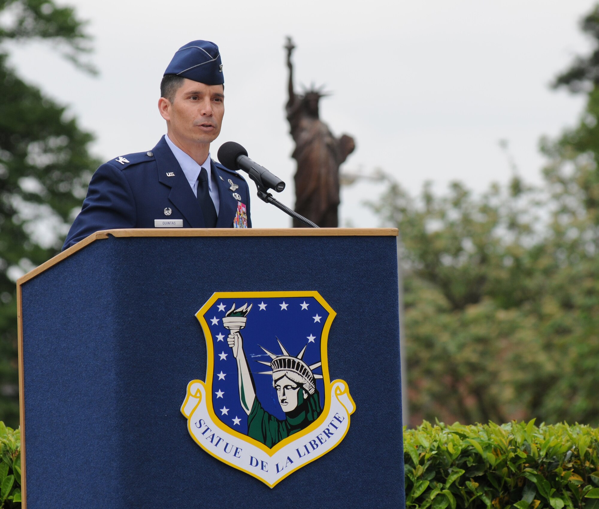 ROYAL AIR FORCE LAKENHEATH, England - Col. John Quintas, 48th Fighter Wing commander, provides comments during the 48th Medical Group change of command ceremony on May 11, 2011. Col. Joseph Legan assumed command of the 48th MDG, which is home to the Best Hospital in the Air Force for two consecutive years, from interim commander Col. David Hocking. (U.S. Air Force photo/Airman Cory Payne)
