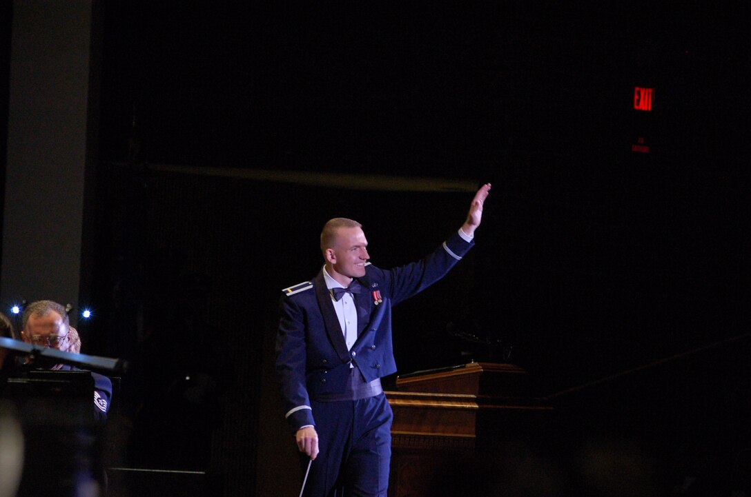 2d Lieutenant Hansen greets the audience at the start of Fiesta in Blue, April 12, 2011.