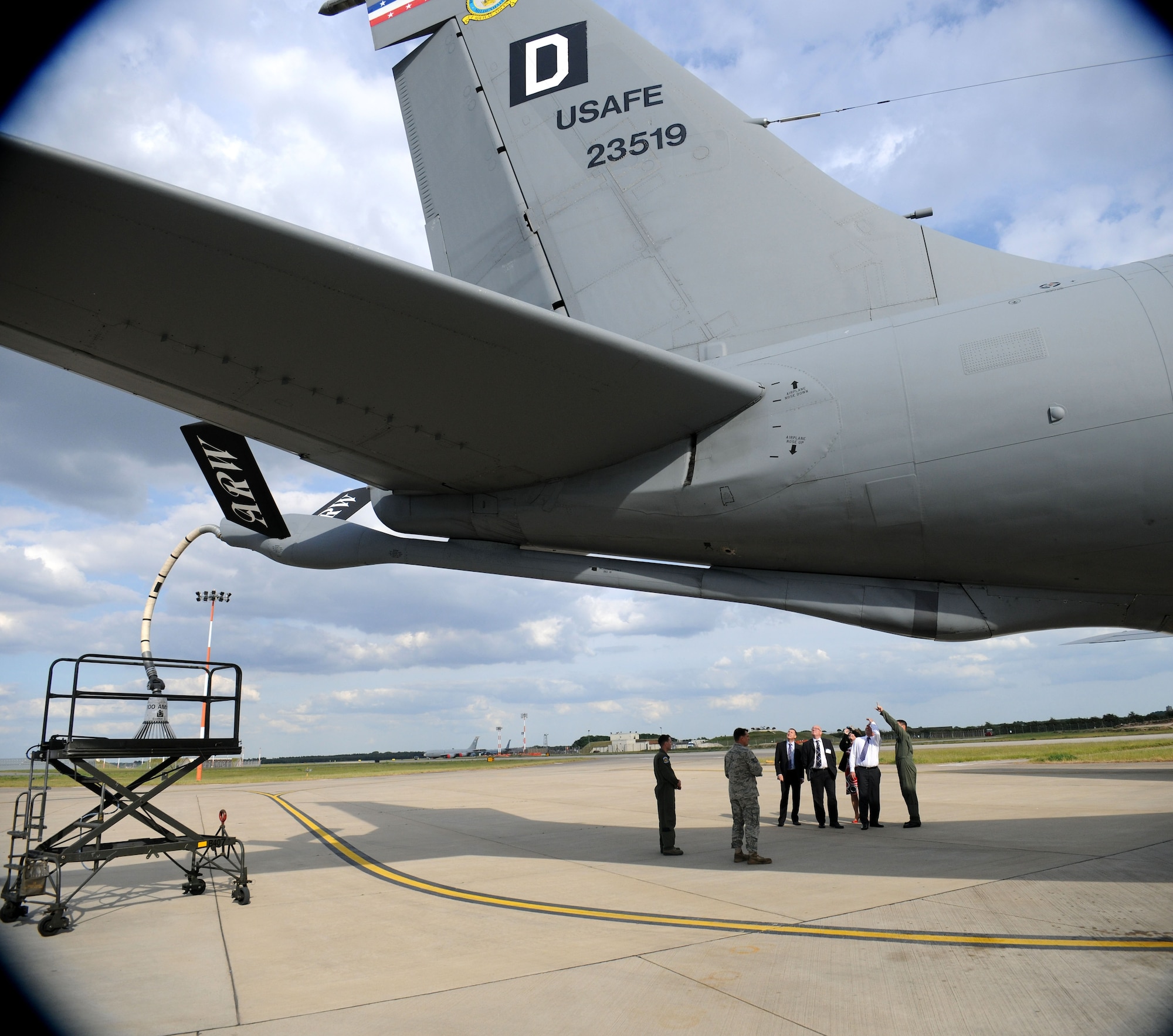 RAF MILDENHALL, England – Members from the 351st Air Refueling Squadron, show newly inducted honorary commanders around a KC-135 Stratotanker during their familiarization tour to showcase RAF Mildenhall’s mission and capabilities May 10, 2011. (U.S. Air Force photo/Tech. Sgt. Jerry Fleshman)