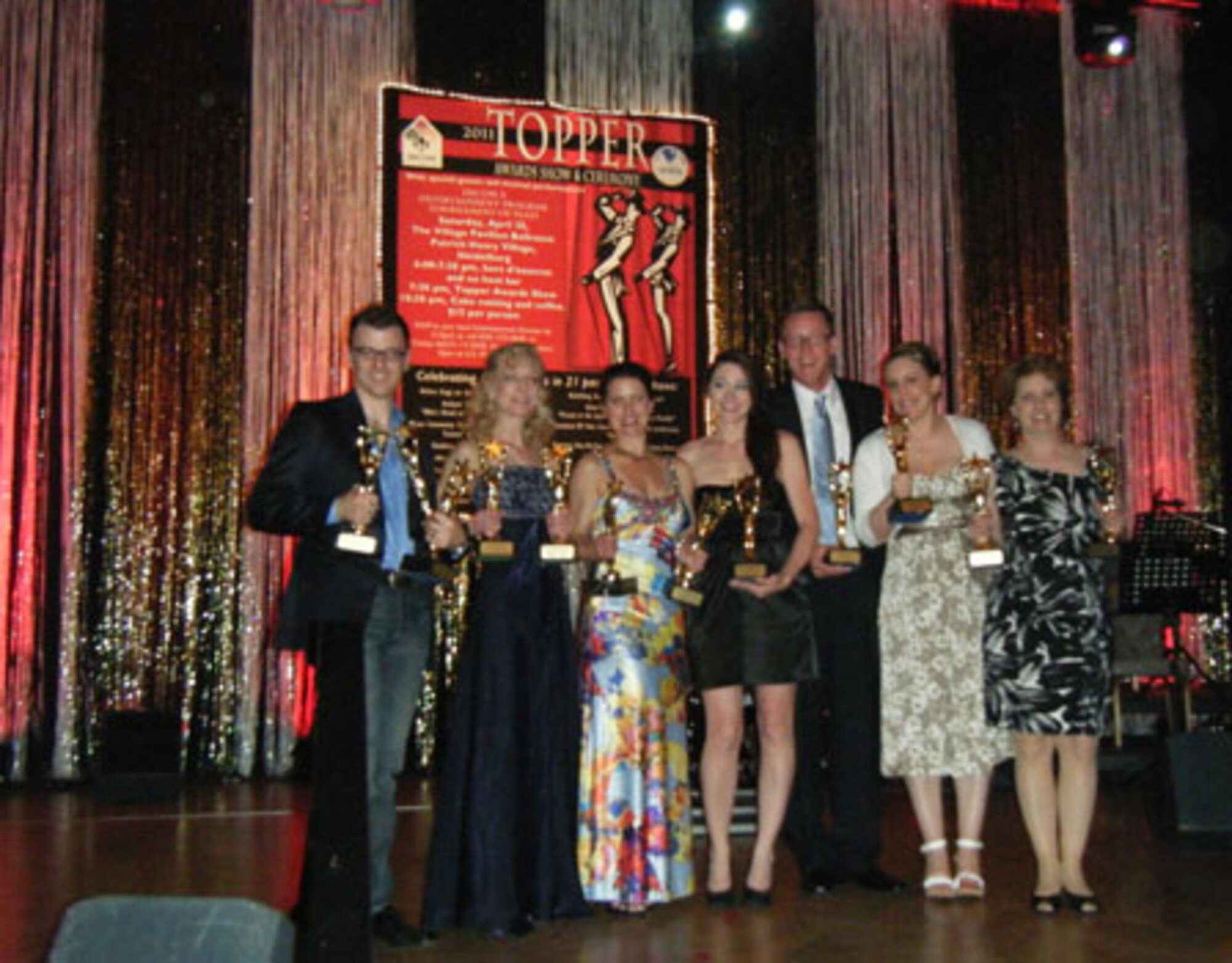 Members with the Aviano Community Theater pose for a photo during the annual TOPPERS awards show April 30 at Heidelberg, Germany. The TOPPERS is the European military's equivalent to the Academy Awards. (Courtesy photo)
