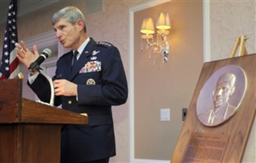 Air Force Chief of Staff Gen. Norton Schwartz gives his keynote speech during a ceremony honoring four inductees into the New Jersey Aviation Hall of Fame in Teterboro, N.J., on May 11, 2011.  Schwartz, who is from Toms River, N.J., was one of the four inducted.  