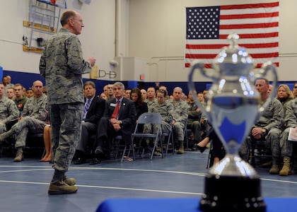 SCHRIEVER AIR FORCE BASE, Colo. - Gen. C. Robert Kehler, commander of the U.S. Strategic Command speaks community leaders and\r\nmembers of the 50th Space Wing before presenting the wing with the Global Operations Omaha Trophy, May 12. The Omaha Trophy is\r\nawarded annually to military units demonstrating the highest performance standards in USSTRATCOM&#039;s mission areas.  Selections are\r\nbased on formal evaluations, meritorious achievement, safety, and other factors such as community involvement and humanitarian\r\nactions.  This is the first time the 50th Space Wing has won the award.