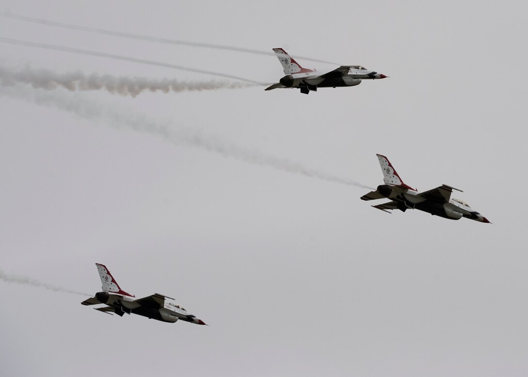 The U.S. Air Force Air Demonstration Squadron, Thunderbirds, fly in formation during the "Airpower over Hampton Roads" Open House at Langley Air Force Base, Va., May 13, 2011.   The Thunderbirds headlined Joint Base Langley-Eustis’s open house and performed precision aerial maneuvers, demonstrating the capabilities of high performance aircraft to the Hampton Roads area.  (U.S. Air Force photo/Senior Airman Zachary Wolf)(RELEASED)