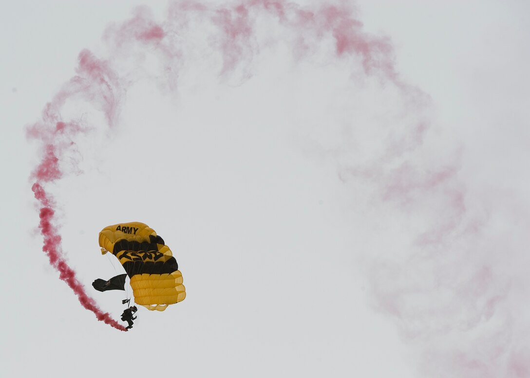 U.S. Army Spc. Jeshua Stahler, U.S. Army Parachute Team Golden Knights demonstrator, performs during the "Airpower over Hampton Roads" Open House at Langley Air Force Base, Va., May 13, 2011.   The open house helps to educate the public on past and present Air Force aerial capabilities, increase recruiting and show appreciation to the local community. (U.S. Air Force photo/Senior Airman Zachary Wolf)(RELEASED)
