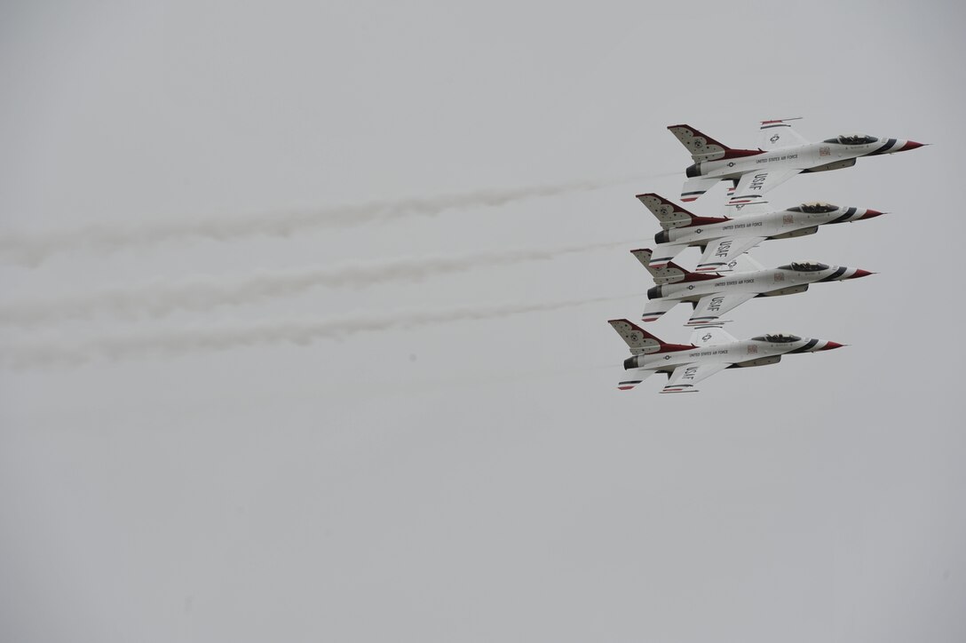 The U.S. Air Force Air Demonstration Squadron, Thunderbirds, perform precision aerial maneuvers during the “AirPower over Hampton Roads” Open House at Langley Air Force Base, Va., May 13, 2011. U.S. Air Force Thunderbirds headlined the open house, demonstrating the capabilities of high-performance aircraft to the Hampton Roads area. (U.S. Air Force photo by Airman 1st Class Camilla Griffin/RELEASED)