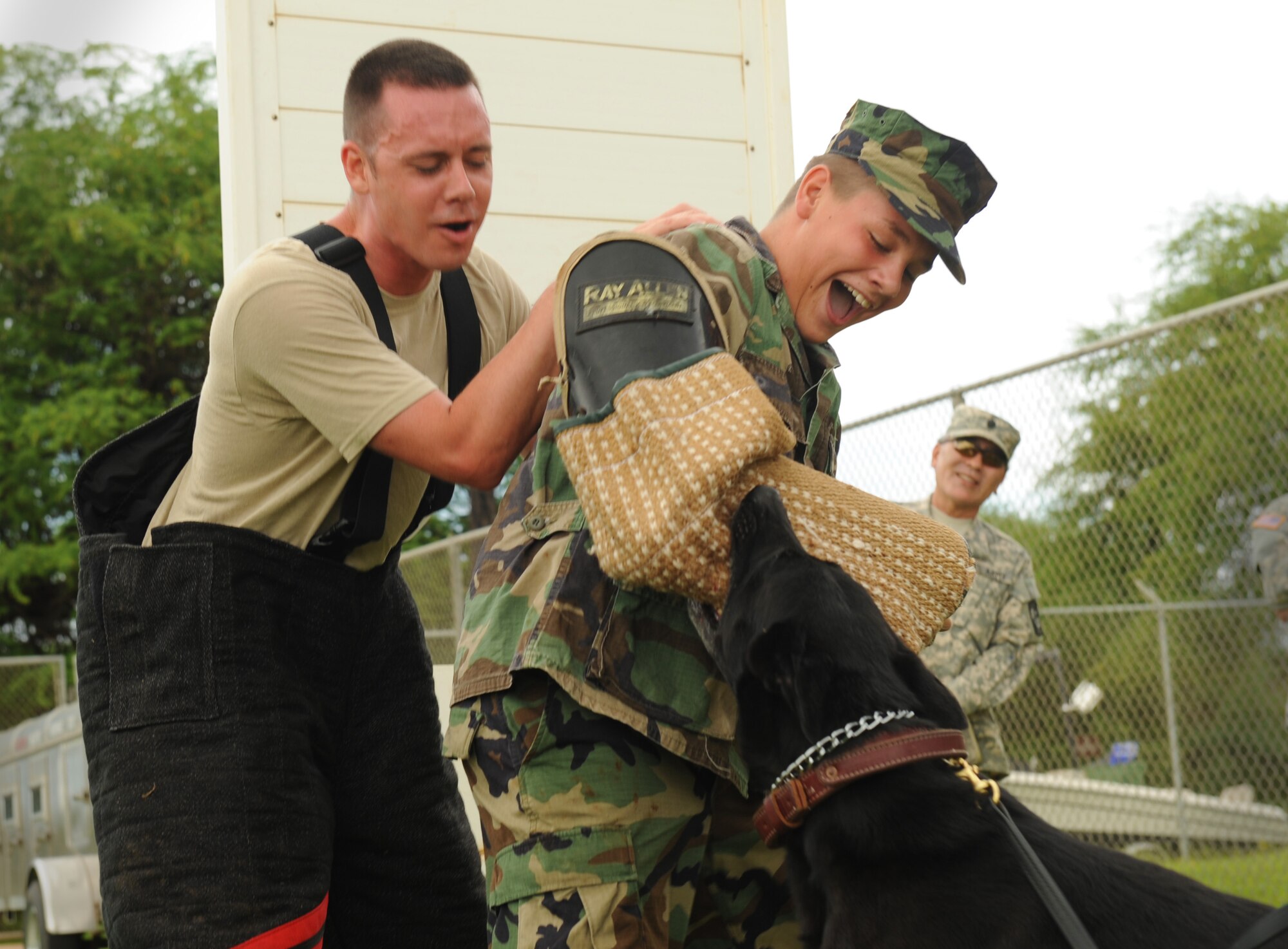 Staff Sgt. Nathan Combs, military working dog handler with the 647th Security Forces Squadron, supervises a controlled bite while Jacob Janssen, Radford High School Junior ROTC student, holds a firm arm for Aron, MWD with the 647th Security Forces Squadron, to bite May 12. The demonstration was part of a tour for JROTC students from various high schools to showcase the careers the Air Force offers. (U.S. Air Force photo/Senior Airman Lauren Main)