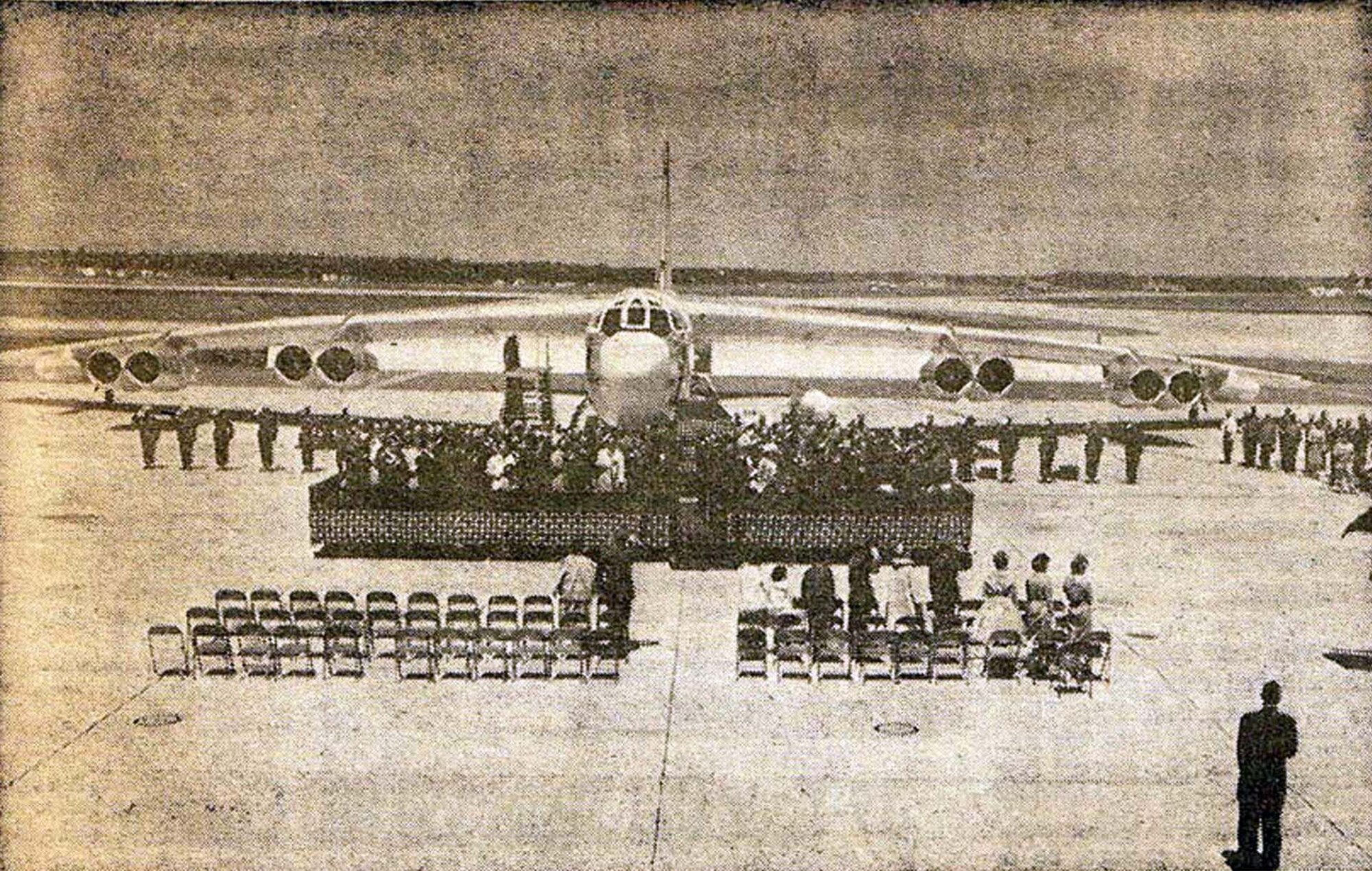 The first B-52H to be assigned to Wurtsmith Air Force Base, which was also the first to be stationed on Michigan soil is parked behind the reviewing stand on Wurthsmith's runway. The ceremony, during which the Stratofortress bomber was christened "State of Michigan", was held May 11, 1961. (Courtesy photo)