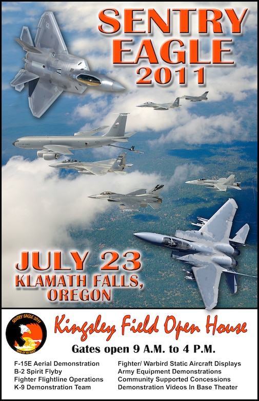 Come out for the 2011 Sentry Eagle Open House at Kingsley Field in Klamath Falls, Ore. July 23, 2011!  It is going to be an awesome time!  For more information on this exciting event contatct the173rd Fighter Wing Public Affairs office at (541)885-6677!  See you in July!