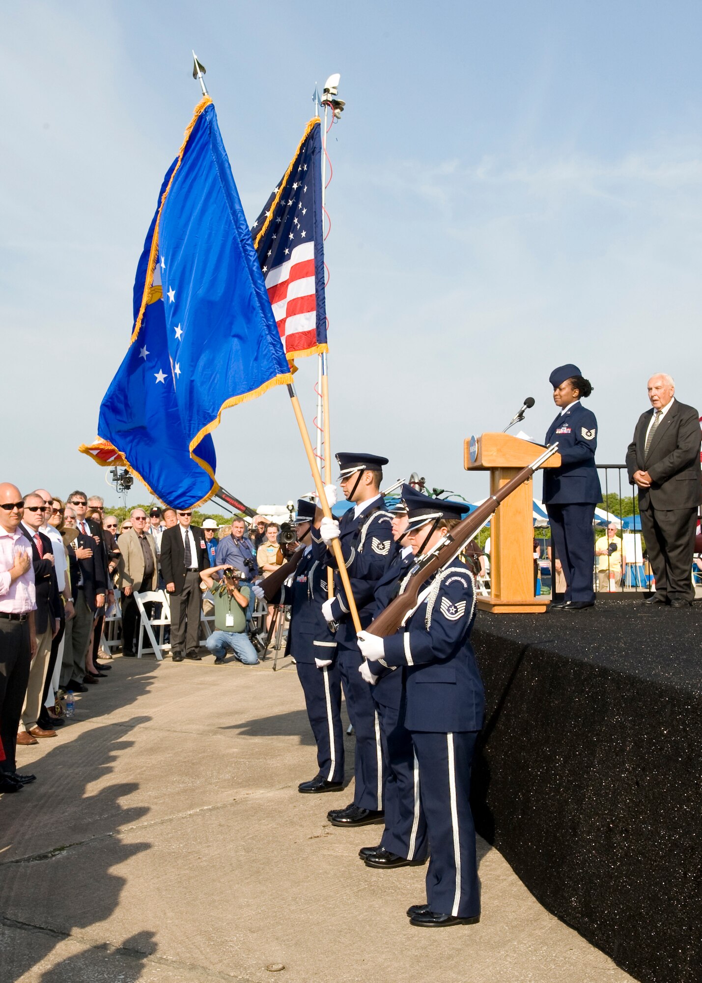 The Patrick AFB Honor Guard presents the colors as Tech. Sgt. Altrameise Myers sings the
National Anthem at the ceremony.