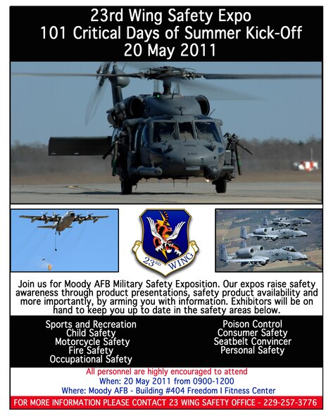 With summer just around the corner, the 23rd Wing safety office is scheduled to conduct a safety exposition to kick off the 101 Critical Days of Summer on 20 May at Moody Air Force Base, Ga., from 9 a.m. to noon. During the expo, base personnel will be given summer tips on child safety sports and recreational safety, motorcycle safety, and occupational safety. All Airmen, family and friends are highly encouraged to attend, and exhibitors will be on hand to answer any questions. (U.S. Air Force photo illustration/Airman 1st Class Benjamin Wiseman)(RELEASED) 