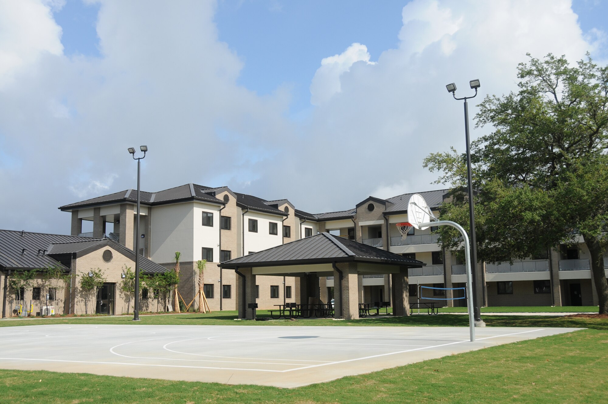 The new permanent party dormitory near the Meadows Drive Gate is nearing  completion.  It’s the first new permanent party dorm to be built at Keesler in 50 years. The $14,453,279 structure has been built by Anderson/Drace Construction. Project officials expect the building to be turned over to the government in late May or early June.  (U.S. Air Force photo by Kemberly Groue)