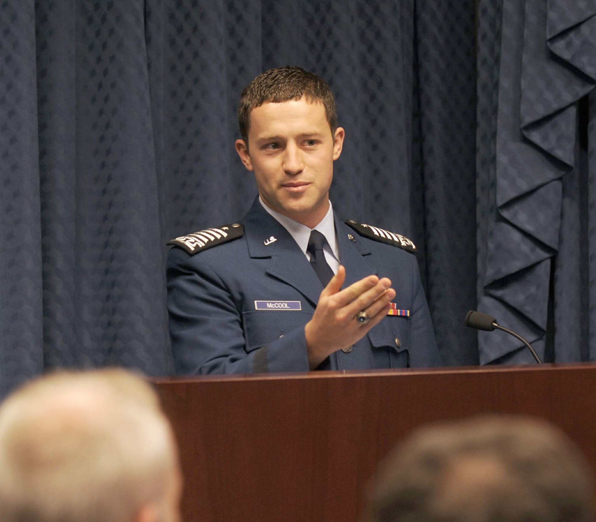 Air Force Academy Cadet Christopher J. McCool addresses the audience during a ceremony May 12, 2011, at the Pentagon. Cadet McCool was recognized as the 2010 U.S. Air Force Cadet of the Year at the event. (U.S. Air Force photo/Andy Morataya)