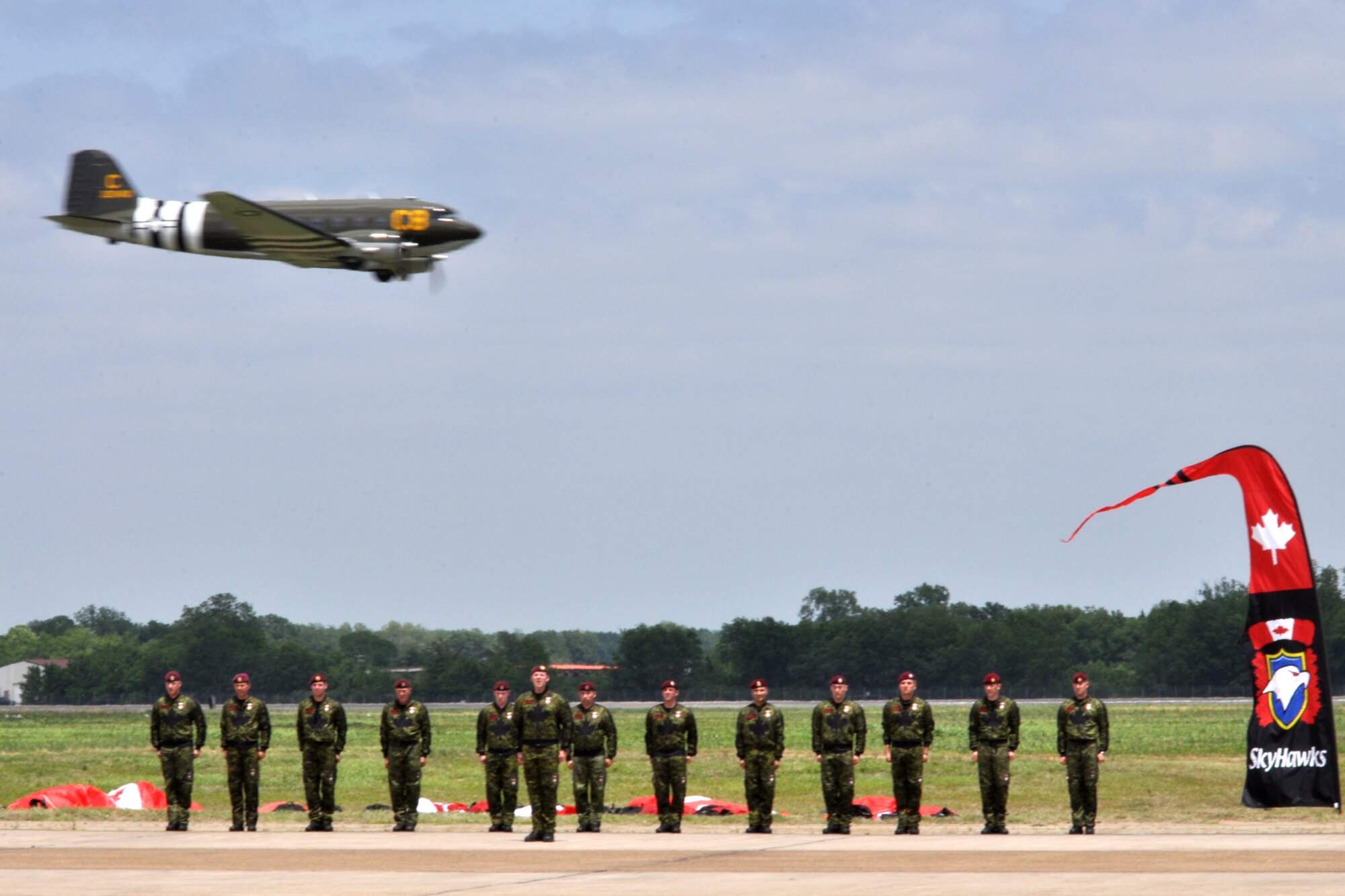 The Canadian Forces Parachute Demonstration Team “Skyhawks” closes out a performance at the 2011 Defenders of Liberty Air Show at Barksdale Air Force Base, La., May 8, 2011. Both the 307th Bomb Wing and 917th Fighter Group provided static displays for the air show. (U.S. Air Force photo/Tech. Sgt. Jeff Walston)