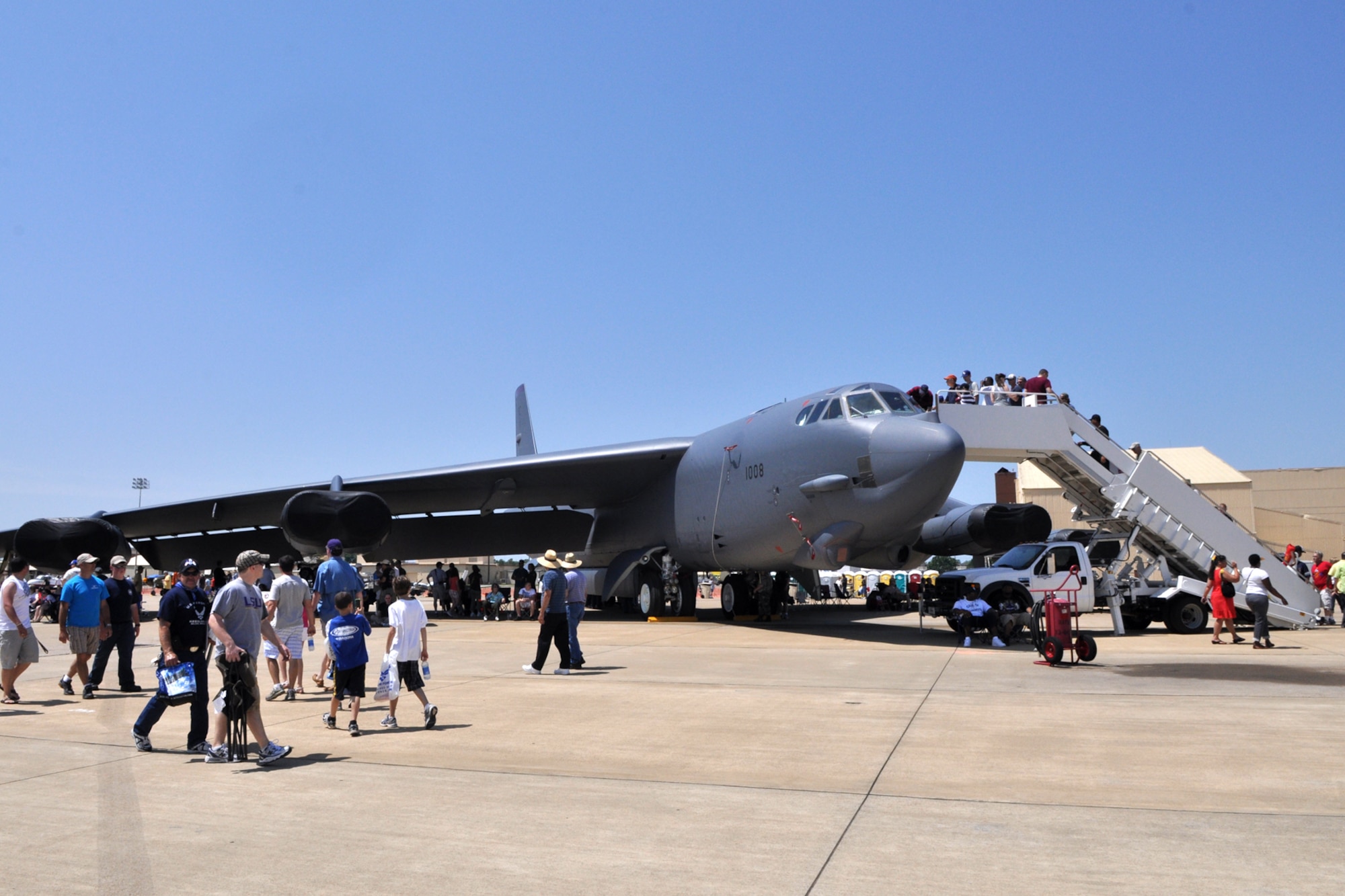 Visitors to the 2011 Defenders of Liberty Air Show get a close up look at B-52 Stratofortress assigned to the 307th Bomb Wing, at Barksdale Air Force Base, La., May 7, 2011. Both the 307th Bomb Wing and 917th Fighter Group provided static displays for the air show. (U.S. Air Force photo/Tech. Sgt. Jeff Walston)