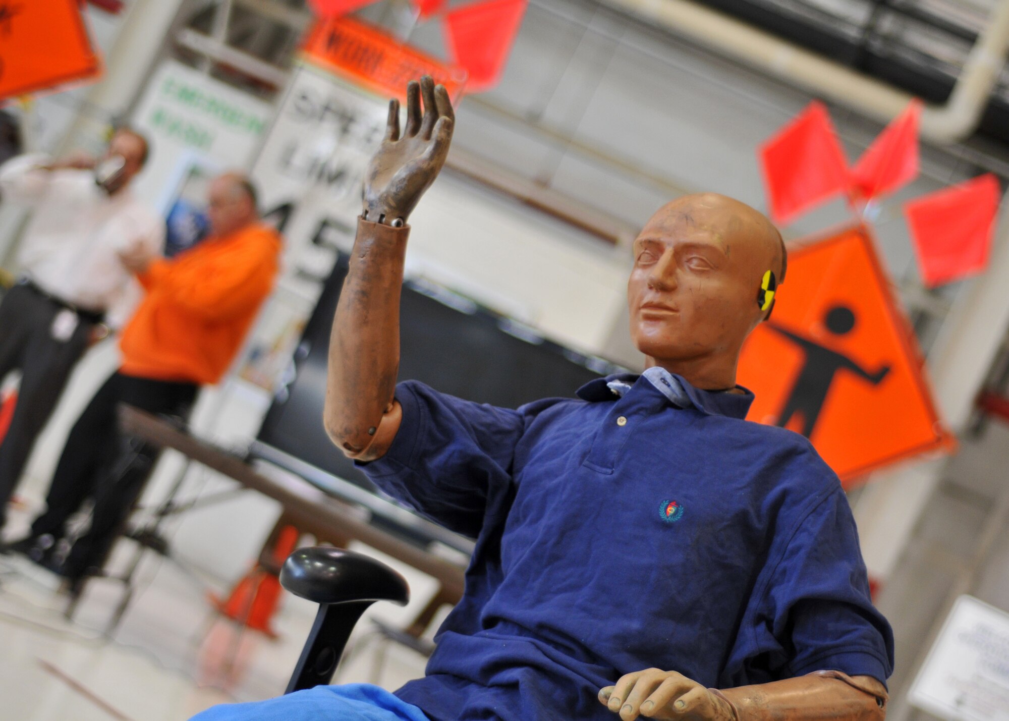 A crash test dummy welcomes students to the Niagara Regional Traffic Safety Program May 9-18, 2011 Niagara Falls Air Reserve Station, NY. Demonstrations held throughout the day educated students on numerous safety issues relating to teenage drivers. (U.S. Air Force photo by Staff Sgt. Joseph McKee
