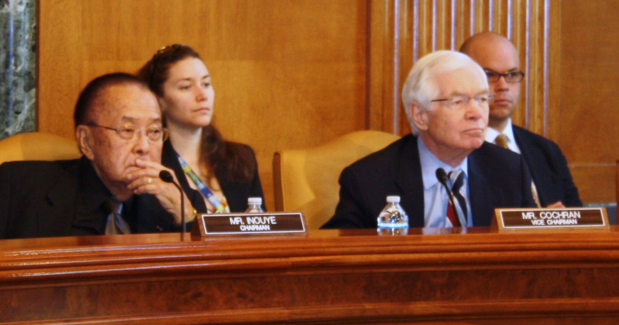 Senator Daniel K. Inouye (D-Hawaii), chairman of the U.S. Senate Committee on Appropriations and Sen. Thad Cochran (R-Miss.), vice chairman, listen to testimony from Reserve and National Guard leaders at Capitol Hill on May 11, 2011. The senators lead the largest committee in the U.S. Senate. They are responsible for reviewing the President's budget request, hearing testimony from government officials, and drafting the spending plans for the coming fiscal year. (U.S. Air Force photo/Col. Bob Thompson)