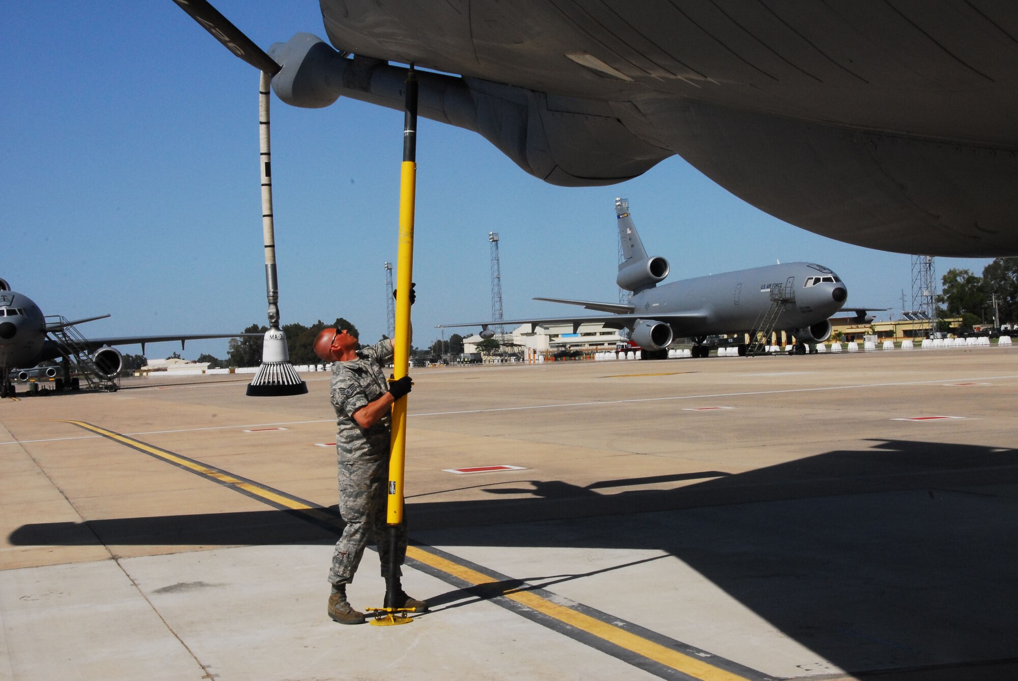 WESTERN EUROPE (May 10, 2011) -- Staff Sgt. Brian Thomsen, 171st Air Refueling Wing, Pittsburgh, props up the tail stand of a KC-135 Stratotanker following an aerial refueling over the Mediterranean Sea. Currently assigned to the 313th Air Expeditionary Wing, he is a member of the maintenance group responsible for maintaining the wing's aircraft fleet. The wing supports Operation Unified Protector, a NATO-led mission in Libya to protect civilians and civilian-populated areas under threat of attack. The 313th AEW provides aerial refueling to U.S. and coalition aircraft with KC-135 Stratotankers and KC-10 Extenders. (U.S. Air Force photo by Tech. Sgt. Stacy Gault/Released)