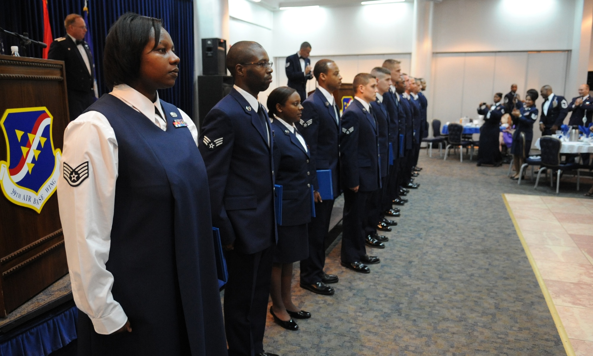 Fourteen Airmen from the Airman Leadership School are congratulated at a graduation ceremony May 5, 2011 at Incirlik Air Base, Turkey.  ALS is one of the many professional military education courses in the Air Force. Airman Leadership School prepares and trains future non-commissioned officers for increased responsibilities. The Graduates of class 11-5 were Staff Sgt. Njabu Massaquoi, Senior Airmen Philip Bailey, Natisha Clark, Sterling Collins, Michael Felicio, Jacob Grace, Christopher Lewis, Joseph Lockhart, Zachary Lott, Edwin Martinez-Jimenez, Paul Melicia, Courtney Turner, Jason Wheat, and Tyrrel Williams. (U.S. Air Force Photo by Airman 1st Class Clayton Lenhardt/Released)