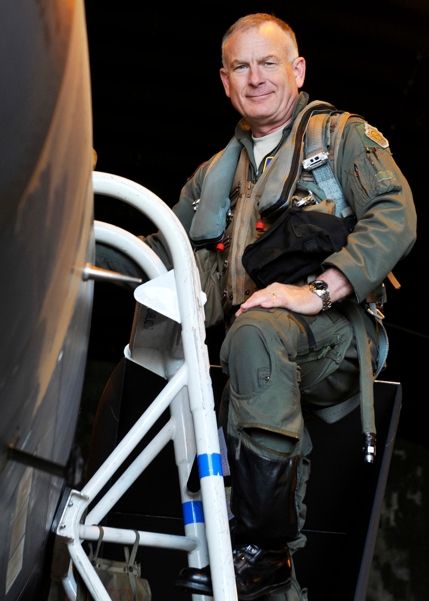 ROYAL AIR FORCE LAKENHEATH, England -  Maj. Gen. Jack Egginton, U.S.Air Forces in Europe director of Air and Space Operations, Ramstein Air Base, Germany, poses before departing on a F-15E Strike Eagle for his fini-flight on May 12, 2011. General Egginton finishes his AF career as a command pilot with more than 3,600 flying hours, including 480 combat hours flying close air support for coalition ground forces in Afghanistan and Iraq. (U.S. Air Force photo/Senior Airman Tiffany M. Deuel)