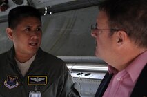 MINOT AIR FORCE BASE, N.D. – Lt. Col. Jason Pabelico, 5th Bomb Wing director of staff, describes the B-52H Stratofortress’s capabilities to John MacMartin, Minot Area Chamber of Commerce president, during a B-52 static display tour here May 5. The tour portion of the monthly Military Affairs Committee meeting brings together local civic and base leadership to discuss topics affecting the base, Minot and the surrounding communities. This month’s meeting focused on B-52s and the 5th BW’s role in Air Force Global Strike Command’s Continuous Bomber Presence mission. (U.S. Air Force photo/Tech. Sgt. Thomas Dow)
