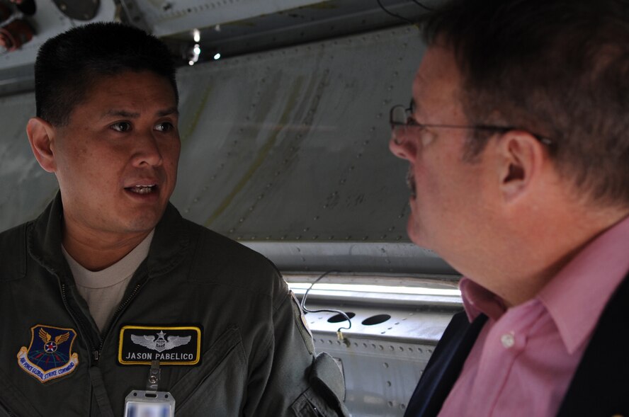 MINOT AIR FORCE BASE, N.D. – Lt. Col. Jason Pabelico, 5th Bomb Wing director of staff, describes the B-52H Stratofortress’s capabilities to John MacMartin, Minot Area Chamber of Commerce president, during a B-52 static display tour here May 5. The tour portion of the monthly Military Affairs Committee meeting brings together local civic and base leadership to discuss topics affecting the base, Minot and the surrounding communities. This month’s meeting focused on B-52s and the 5th BW’s role in Air Force Global Strike Command’s Continuous Bomber Presence mission. (U.S. Air Force photo/Tech. Sgt. Thomas Dow)
