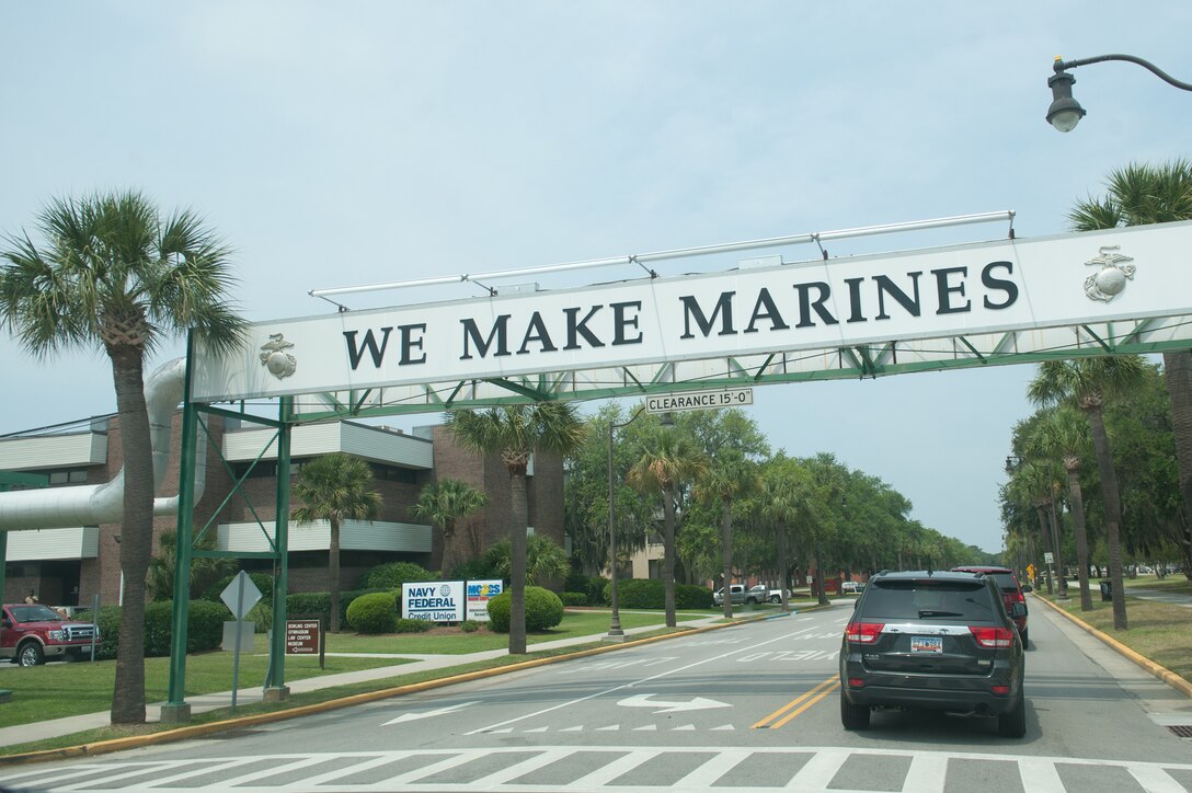A road sign at Parris Island, S.C., proclaims "We Make Marines," May 13, 2011. 