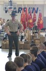SSgt. Jonas Johnson, drill instructor, Marine Corps Recruit Depot San Diego, speaks to the enlistees from Recruiting Station Indianapolis about what to expect during recruit training at the State Wide, May 14, 2011. The State Wide is a annual competition between the sub-stations of RS Indianapolis.