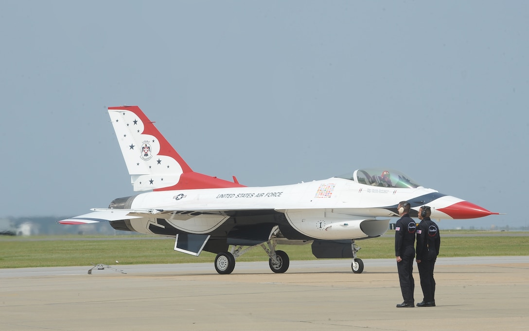 The U.S. Air Force Air Demonstration Squadron, Thunderbirds, prepare for a demonstration during the Airpower over Hampton Roads Open House at Langley Air Force Base, Va., May 14, 2011.   The Thunderbirds headlined Joint Base Langley-Eustis’s open house and performed precision aerial maneuvers, demonstrating the capabilities of high performance aircraft to the Hampton Roads area. (U.S. Air Force photo by Senior Airman Antoinette Gibson)(RELEASED)