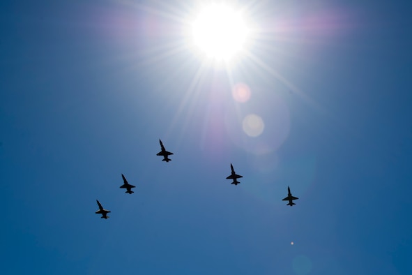 A flight of five T-38 Talons flies overhead, May 13, 2011, during the 8th Fighter Squadron inactivation ceremony. The 8th FS, known as the “Black Sheep” was first activated in January 1941.(U.S. Air Force photo by Tech Sgt. Joe Laws/Released) 

