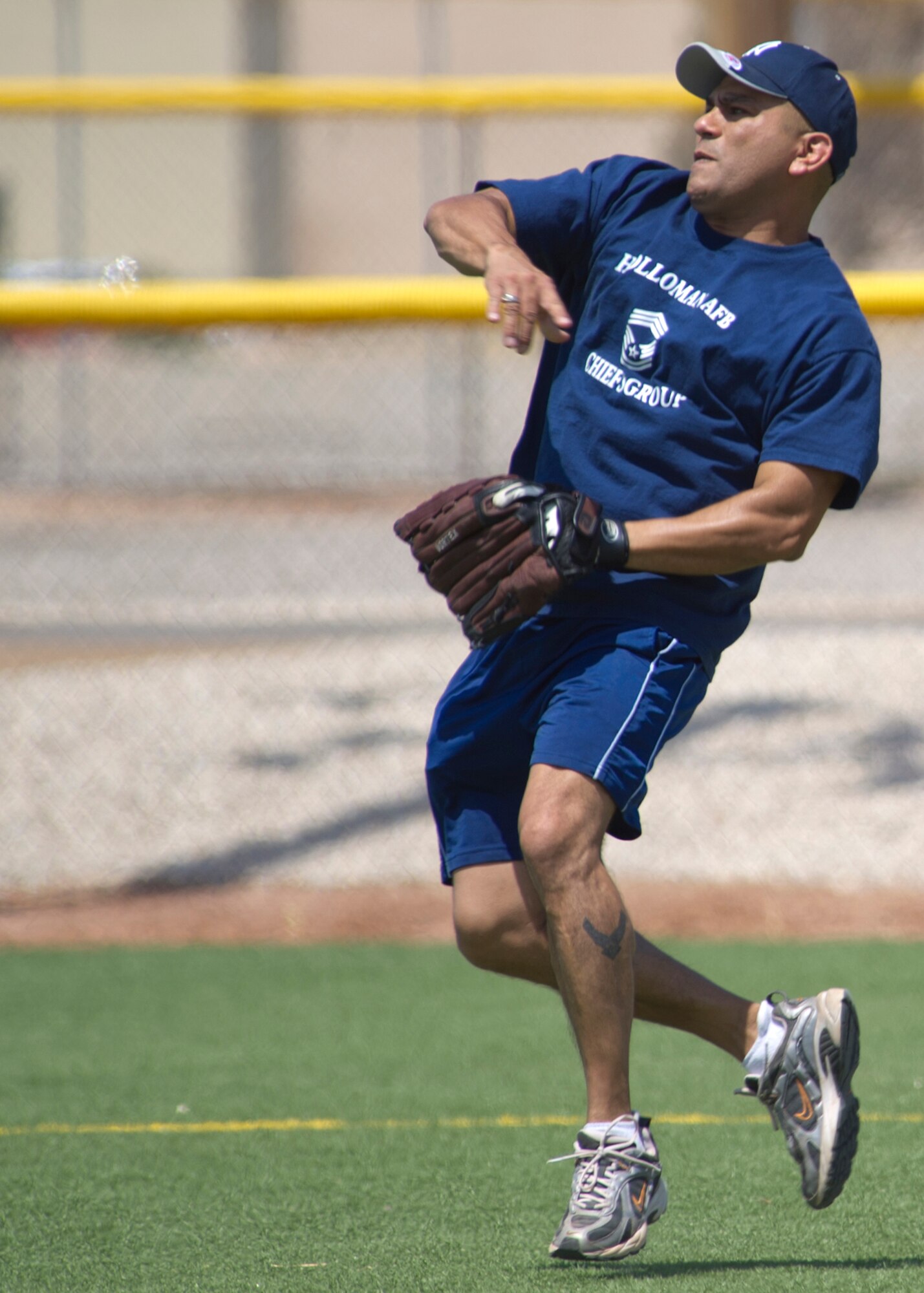 HOLLOMAN AIR FORCE BASE, N.M. – Chief Master Sgt. Gerardo Tapia, the 49th Wing Command Chief, represents the Chiefs, May 6, 2011, during the first inning of the Chiefs versus Commanders softball game on May 6, 2011. The game is part of the wing’s annual spring fling and included a resiliency briefing, dodge ball, basketball, go-karts, a burger burn and other activities and to give Team Holloman a chance to relax after earning an “Excellent” rating during Holloman’s recent Operational Readiness Inspection. (U.S. Air Force photo by Senior Airman Veronica Stamps/Released)