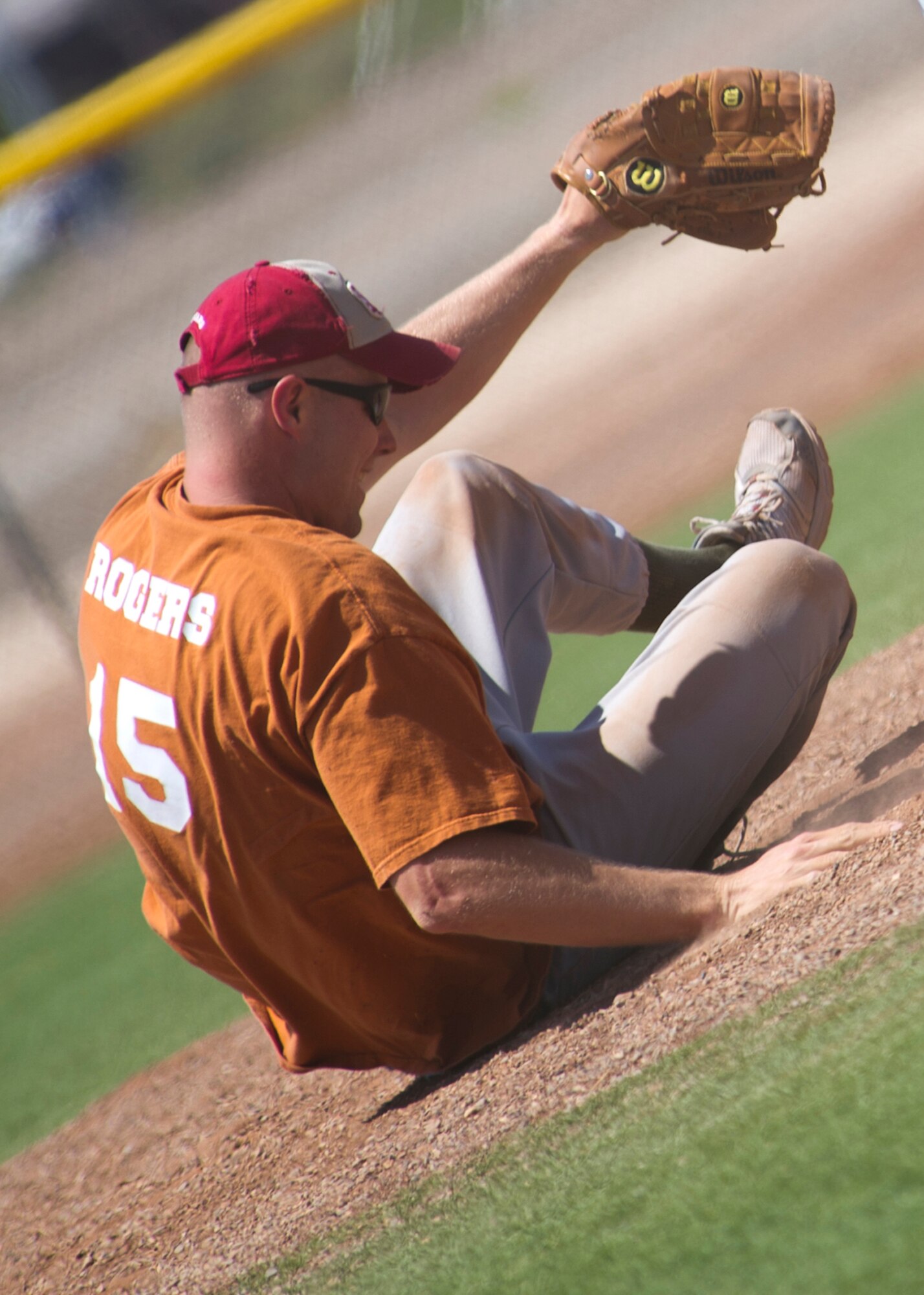 HOLLOMAN AIR FORCE BASE, N.M. – Chief Master Sgt. Robert Rogers, makes a forced out, May 6, 2011, during the Chiefs versus Commanders softball game at Johnson Field. The game is part of the wing’s annual spring fling and included a resiliency briefing, dodge ball, basketball, go-karts, a burger burn and other activities  to give Team Holloman a chance to relax after earning an “Excellent” rating during Holloman’s recent Operational Readiness Inspection. (U.S. Air Force photo by Senior Airman Veronica Stamps/Released)