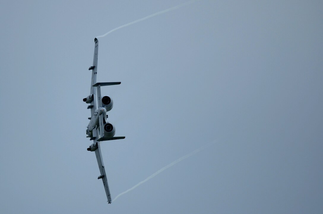 Maj. Dylan Thorpe, A-10 East Demonstration Team flying officer, performs a tight right turn to demonstrate the maneuverability of an A-10 Thunderbolt II May 13, 2011. Joint Base Langley-Eustis’ Air Power over Hampton Roads open house provides a venue in which the public can see modern and historical military aircraft in action. (U.S. Air Force photo by Airman 1st Class Racheal Watson)(RELEASED)