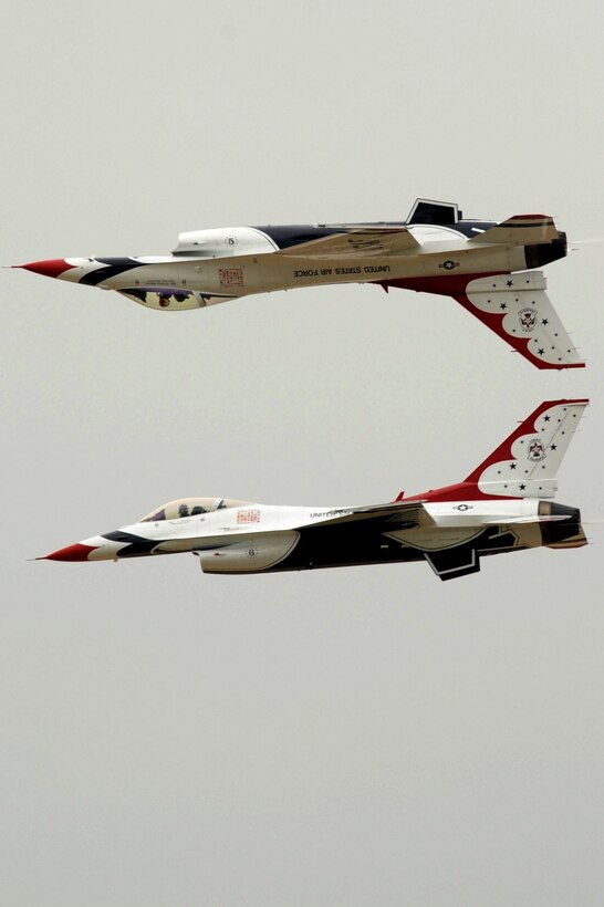 The U.S. Air Force Demonstration Squadron, the Thunderbirds, perform aerial maneuvers during Air Power over Hampton Roads at Langley Air Force Base, Va., May 13, 2011. The U.S. Air Force Thunderbirds display the most advanced airpower and support capabilities in the world. (U.S. Air Force photo by Airman 1st Class Kayla Newman)(RELEASED)