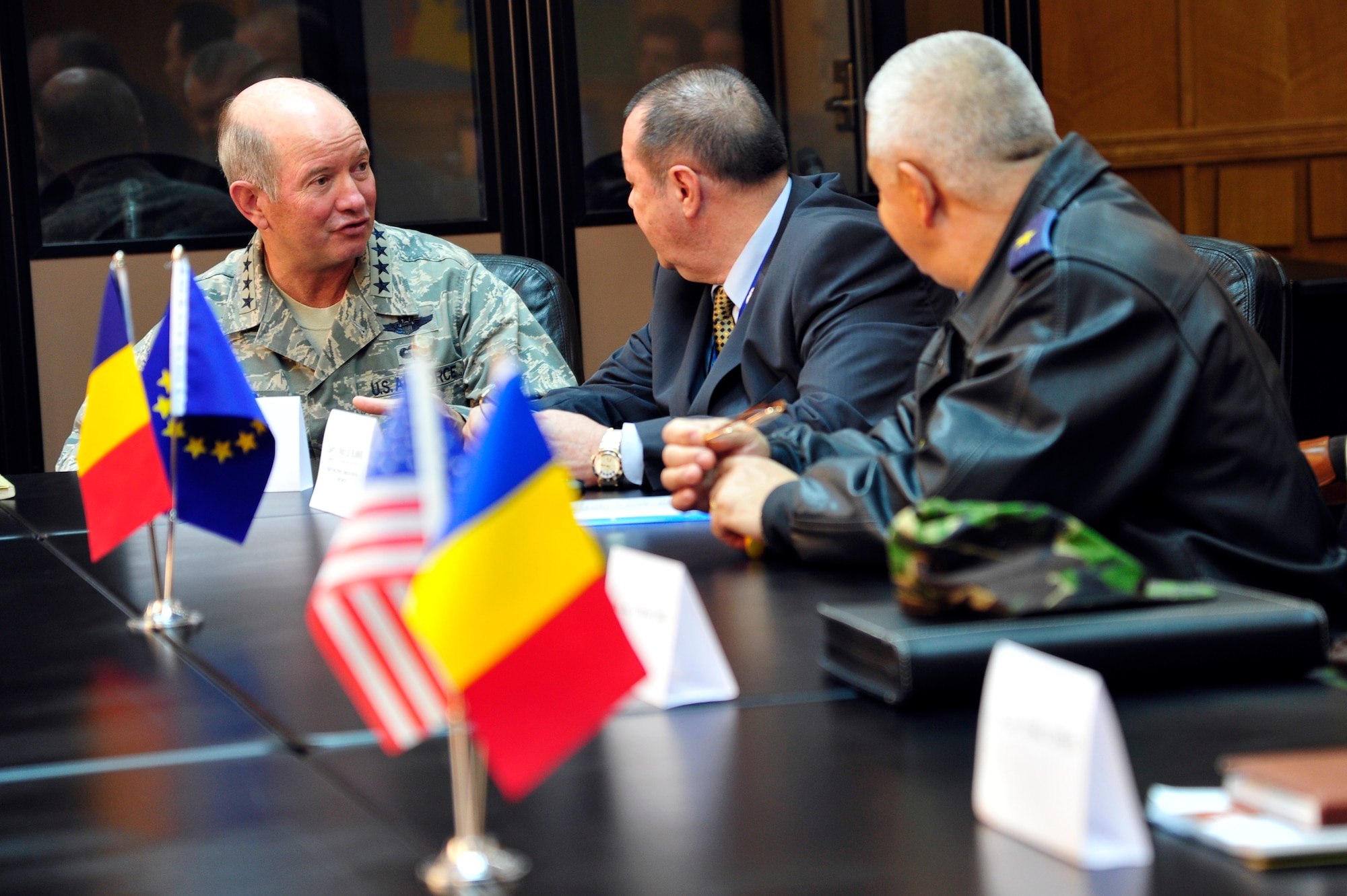 Gen. Duncan McNabb, U.S. Transportation Command commander receives a briefing from Capt. Vasile Blanaru, commercial and infrastructure director for the Maritime Ports Administration Constanta about the capability of the Port of Constanta, Romania during a visit there May 12.  While in Romania, General McNabb visited both Mihail Kogalniceanu airport and the Port of Constanta.  USTRANSCOM is evaluating the feasibility of using the airport and seaport as a multi-modal hub for equipment flowing into and out of the U.S. Central Command theater of operation.  (U.S. Air Force photo by Master Sgt. Laura K. Deckman/released)