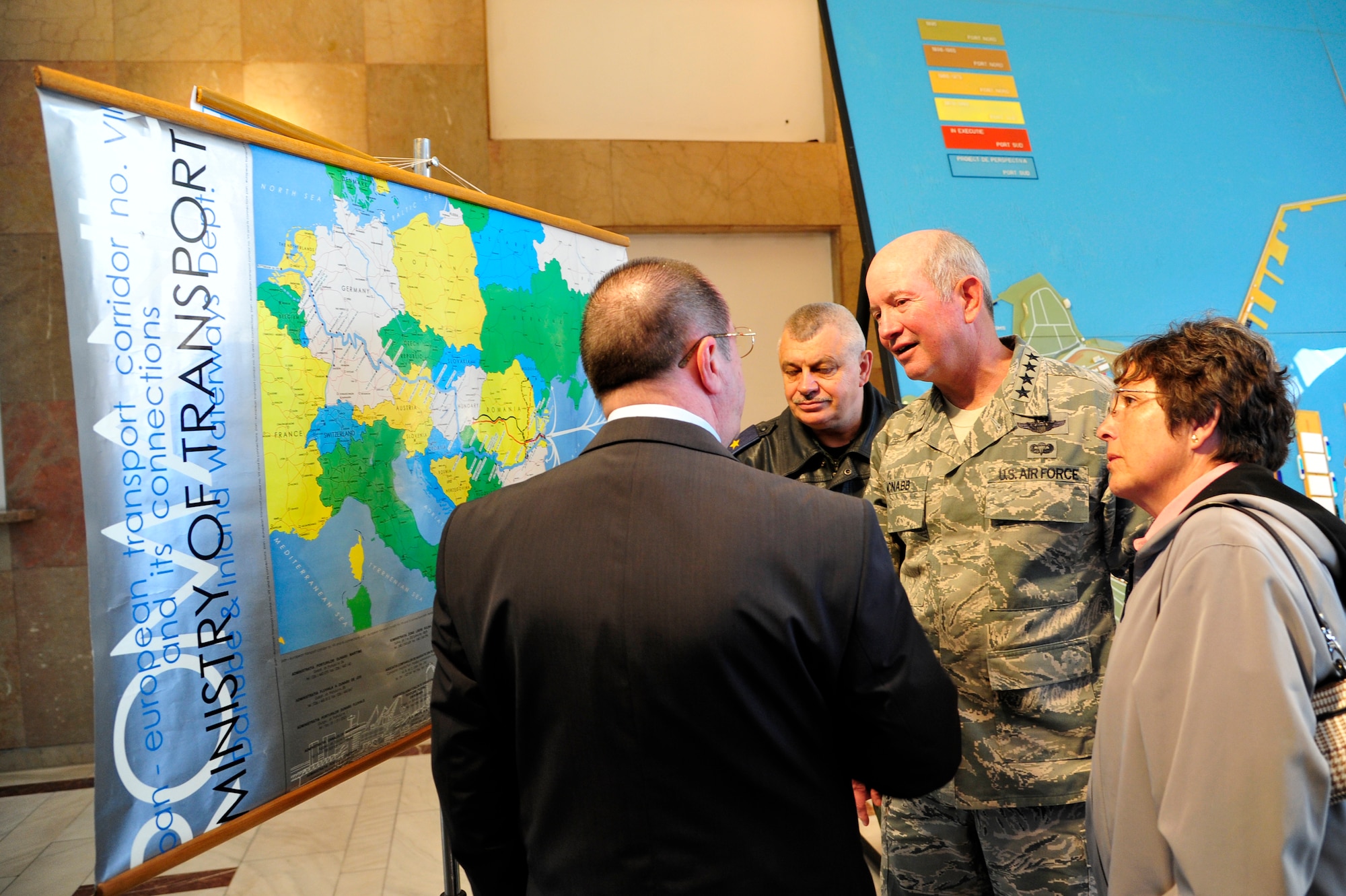 Gen. Duncan McNabb, U.S. Transportation Command commander examines a map of the Port of Constanta, Romania during a visit there, May 12.  While in
Romania, General McNabb visited both Mihail Kogalniceanu airport and the
Port of Constanta.  USTRANSCOM is evaluating the feasibility of using the
airport and seaport as a multi-modal hub for equipment flowing into and out
of the U.S. Central Command theater of operation.  (U.S. Air Force photo by
Master Sgt. Laura K. Deckman/released)