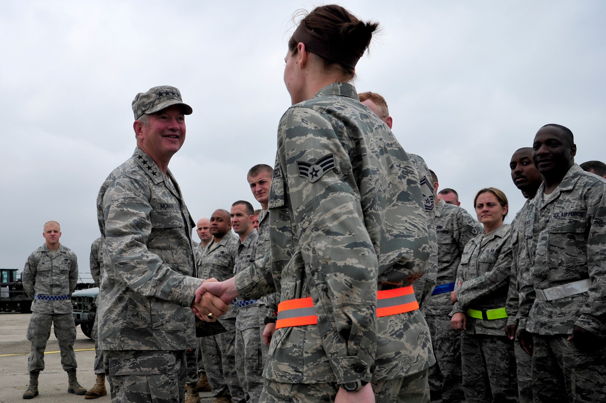 Gen. Duncan McNabb, U.S. Transportation Command commander meets with Airmen from the 621st Contingency Response Wing, Joint Base McGuire-Dix-Lakehurst and 728th Air Mobility Squadron, Incirlik Air Base, Turkey at Mihail Kogalniceanu Air Base, Romania, May 12.  While in Romania, General McNabb visited both Mihail Kogalniceanu airport and the Port of Constanta.  USTRANSCOM is evaluating the feasibility of using the airport and seaport as a multi-modal hub for equipment flowing into and out of the U.S. Central Command theater of operation.  (U.S. Air Force photo by Master Sgt. Laura K. Deckman/released)