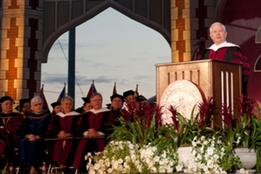 Defense Secretary Robert M. Gates provides the commencement address for the University of Oklahoma's graduating class at the Gaylord Family-Oklahoma Memorial Stadium, May 13, 2011.  
