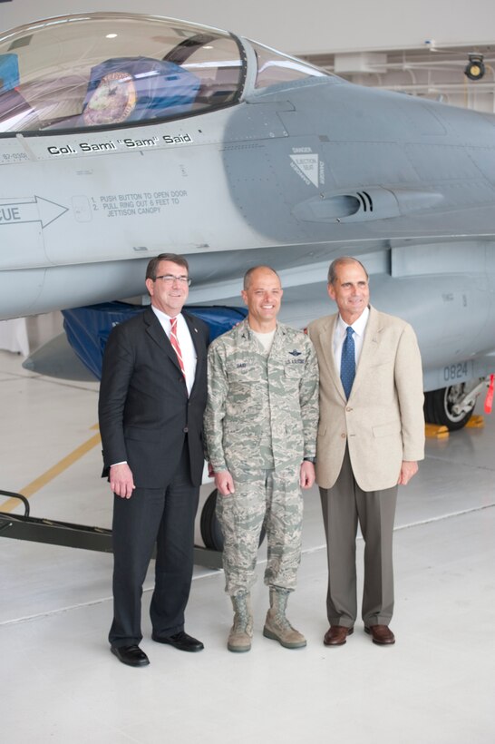 The Honorable Ashton B. Carter (left), Under Secretary of Defense for Aquisition, Technology and Logistics, joined the new Wing Commander and Mr. Michael J. Bayer (right), The Chairman of the Defense Business Board, after a recent Change of Command Ceremony held in Fresno, Calif. on May 14, 2011. The Honorable Ashton B. Carter congratulated Col. Sami D. Said on his new position as the 144th Fighter Wing Commander.   (U.S. Air Force photo by Master Sgt. David Loeffler/released)