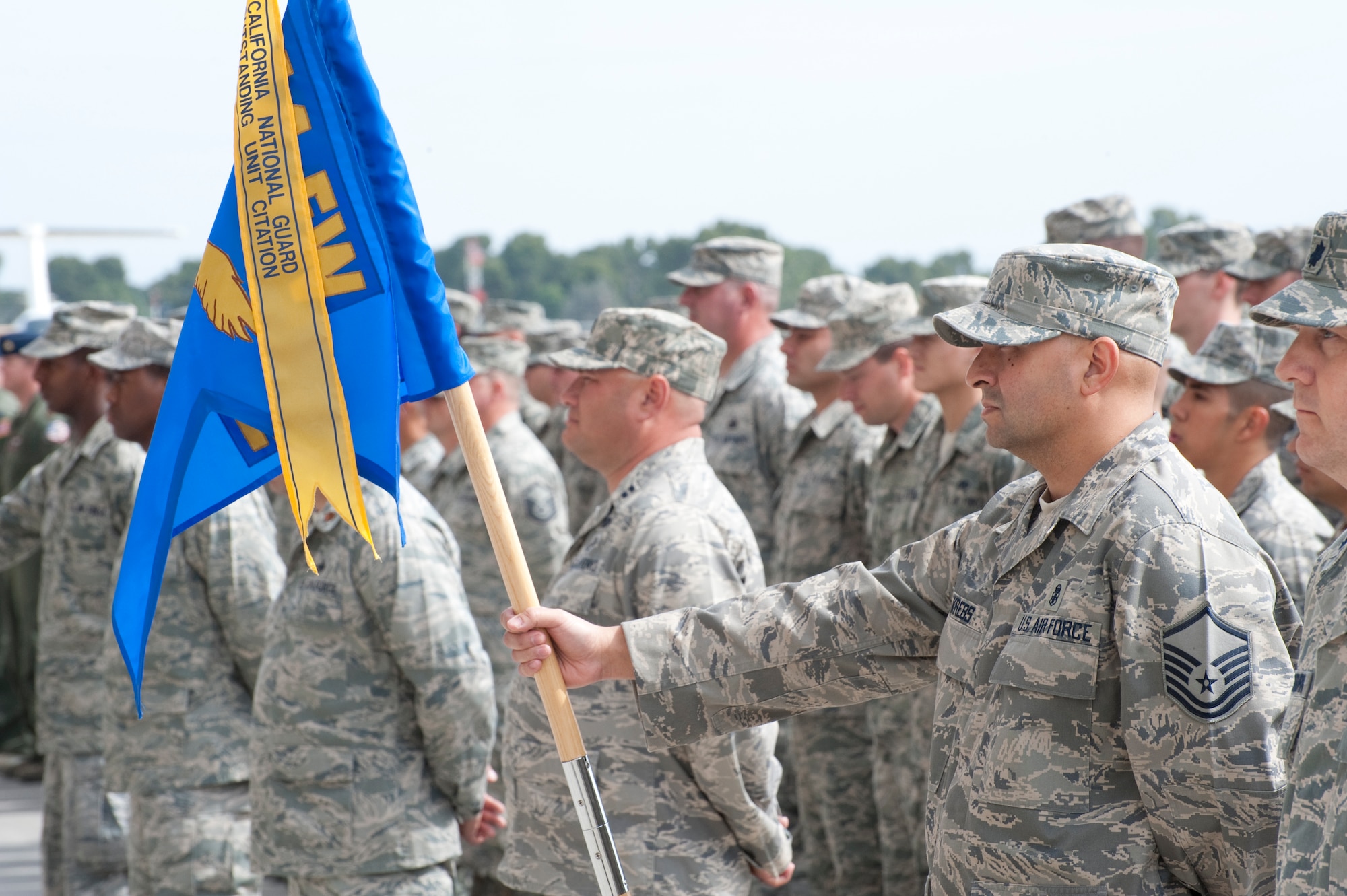 Master Sgt. Nathan Krebs, 144th Medical Group's First Sergeant, stands at parade rest during the recent Change of Command Ceremony held in Fresno, Calif. on May 14, 2011.  The ceremony allows the unit to witness their new leader, Colonel Sami D. Said, assume his dutiful position as the Wing Commander.  (U.S. Air force photo by Master Sgt. David Loeffler/released)