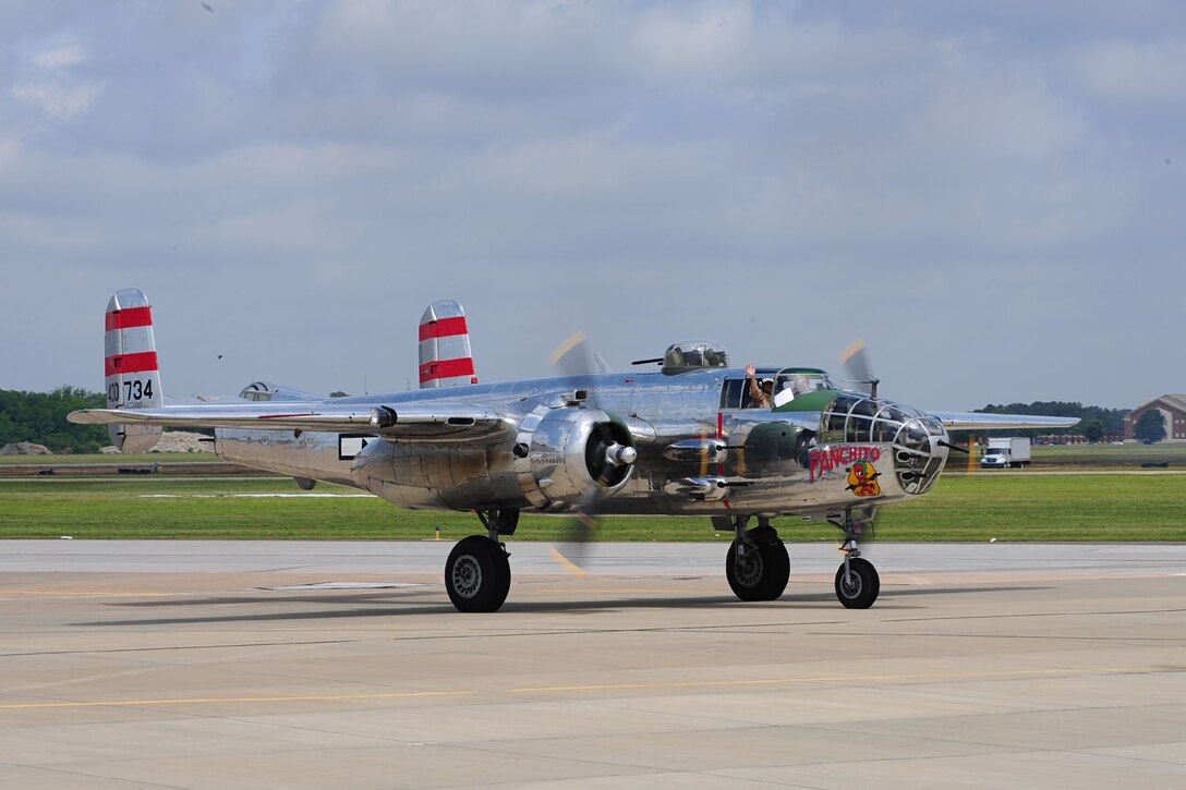 A B-25 Panchito taxis in after an aerial demonstration during the AirPower over Hampton Roads open house at Langley Air Force Base, Va., May 15, 2011. The open house gives military and civilian personnel the opportunity to get up-close-and-personal with various aircraft and witness the Air Force’s past and present capabilities in airpower. (U.S. Air Force photo by Staff Sgt. Ashley Hawkins)(RELEASED)