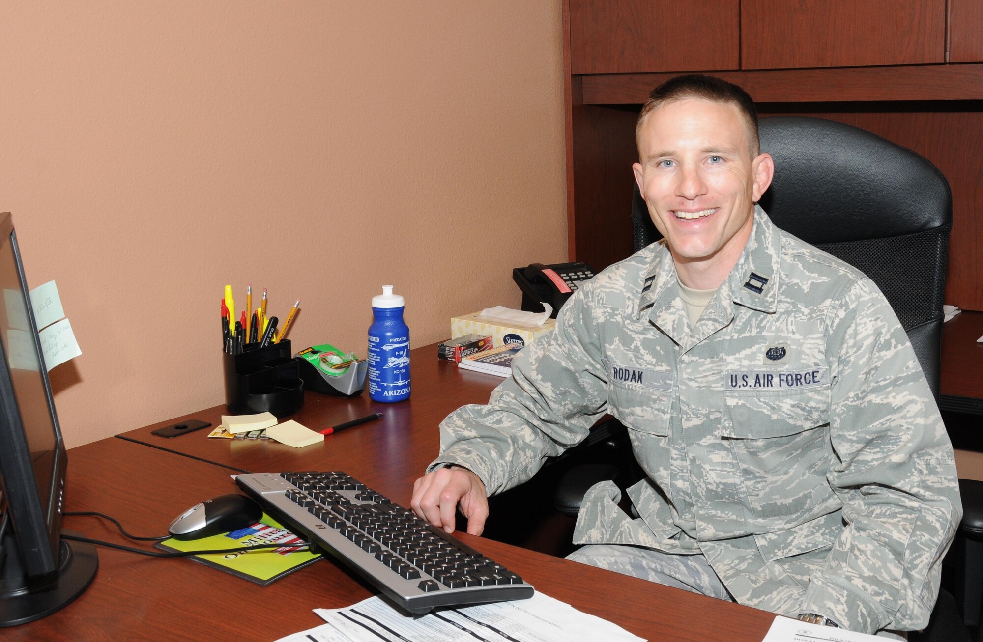 Capt. Neal Rodak, 161 ARW Staff Judge Advocate, was awarded the Outstanding Air Reserve Component Judge Advocate of the Year Award (Reginald C. Harmon Award). The award recognizes servicemembers for their contributions to mission support; exhibition of leadership in contributing to civic, cultural, or professional activities in the military and civilian community; and enrollment in off-duty programs of professional self-improvement. (U.S. Air Force Photo/Master Sgt. Charles Wade)