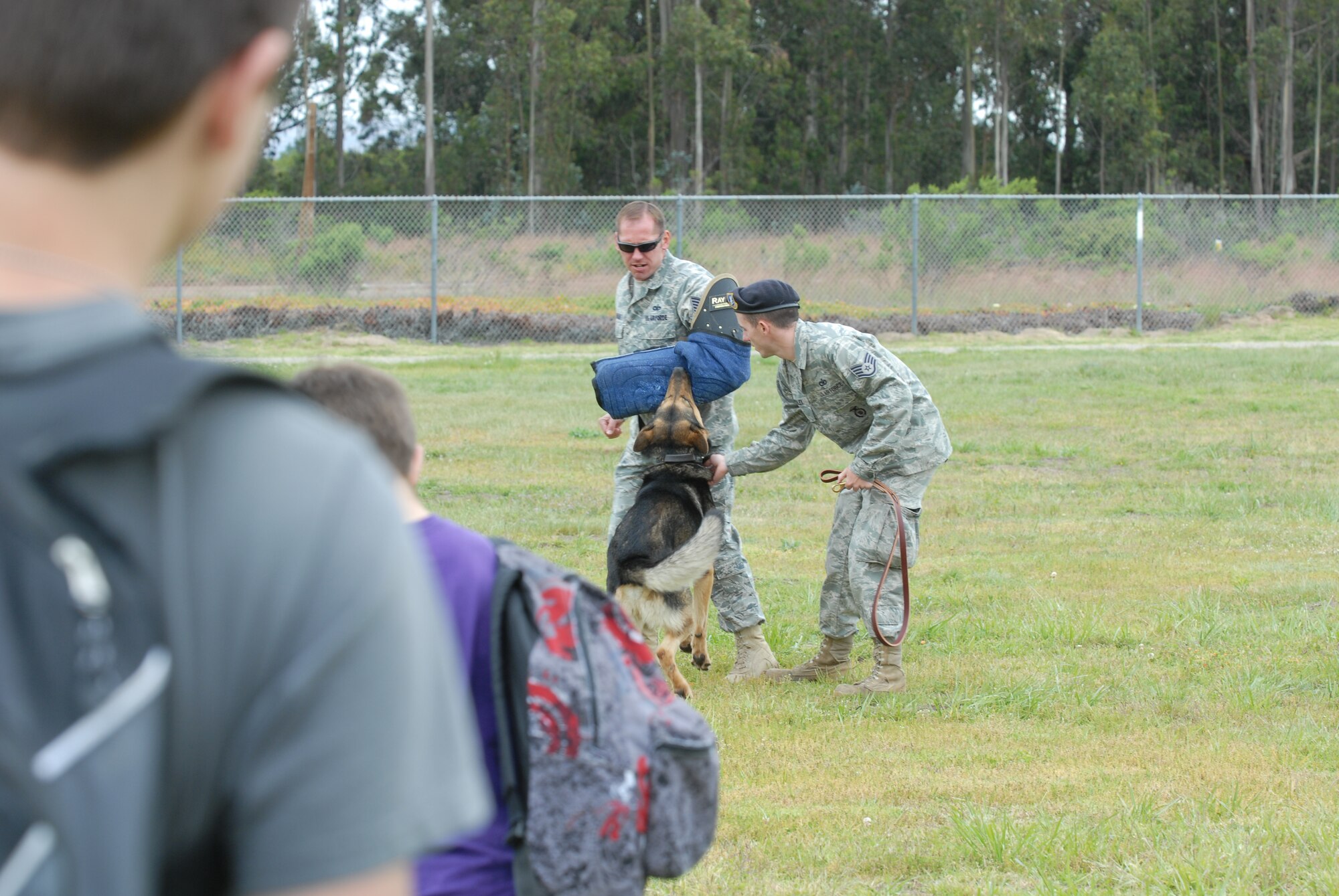 VANDENBERG AIR FORCE BASE, Calif. -- Staff Sgt. Chad Atchley,  and Tech. Sgt. Jerome Vahalik, 30th Security Forces Squadron military working dog trainers, demonstrate a takedown at Vandenberg Middle School during a National Police Week event Monday, May 16, 2011. National Police Week, which occurs annually during the week of May 15, recognizes the service and sacrifice of U.S. law enforcement personnel.  (U.S. Air Force photo/Jerry E. Clemens, Jr.)