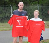 Master Sgt. Matt Jamison, 916th Communication Squadron, and Tech. Sgt. Tessa Burmania, 916th Aerospace Medicine Squadron were the top male and female finishers during the 916th ARW's semi-annual Warrior Run on May 15. (USAF photo by Tech. Sgt. Scotty Sweatt, 916ARW/PA)