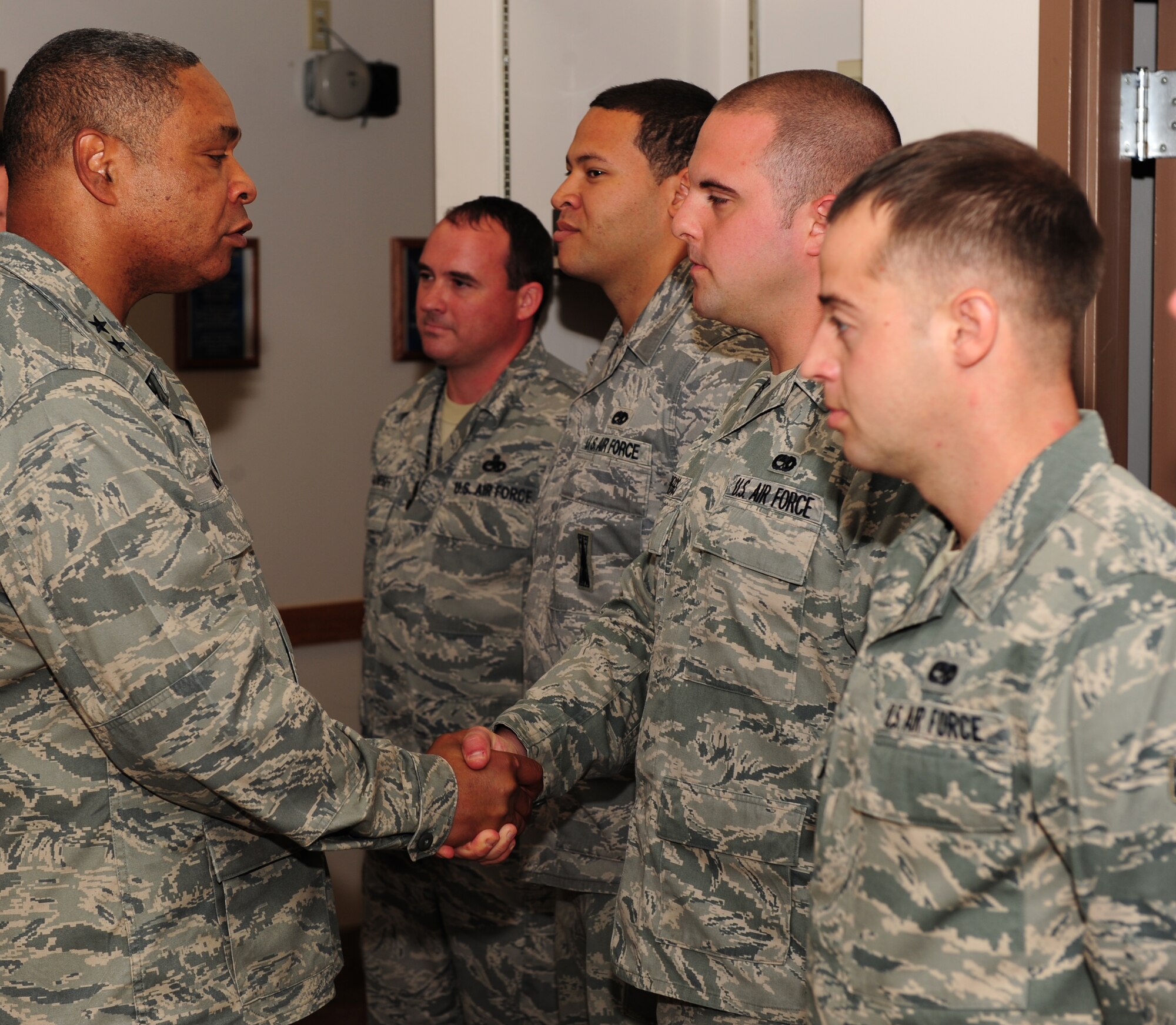 Major Gen Garry C. Dean commander, 1st Air Force commander, congratulates Airmen with the 20th Fighter Wing Alert Facility May 6, 2011 at Shaw Air Force Base, S.C. after they handed the air sovereignty alert mission to the 169th Fighter Wing at McEntire Joint National Guard Base, S.C. Shaw's 20th Fighter Wing alert facility has guarded the East Coast since Sept 11, 2001 through Nov 15, 2003, and Aug 1, 2006 through May 6, 2011 (U.S. Air Force photo/Airman 1st Class Neil D. Warner) 