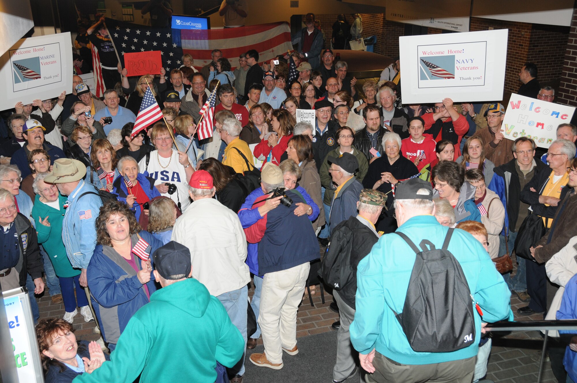 World War II veterans receive a heroes welcome at the Duluth International Airport, Duluth Minn.  The veterans were returning from Washington D.C. as part of the Northland Honor Flight.  (U.S. Air Force photo by Master Sgt. Ralph J. Kapustka)