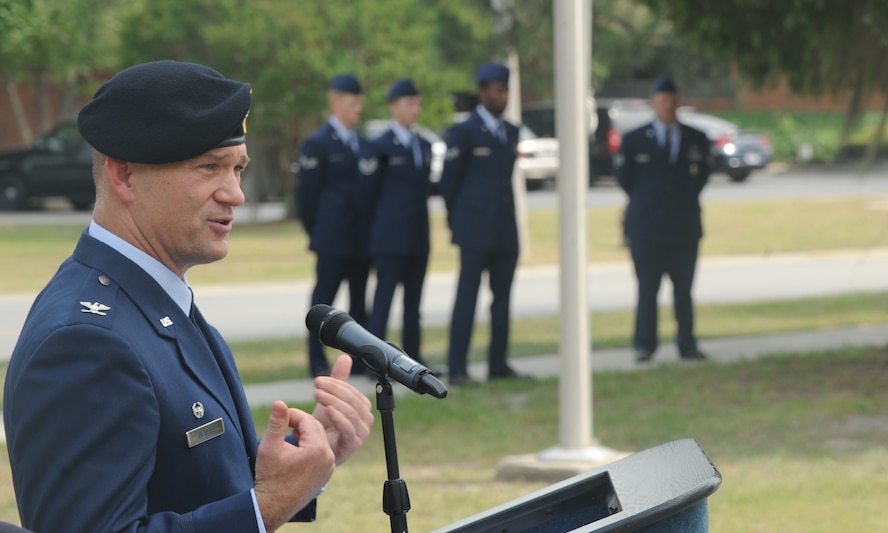 Col. Randall Richert, 820th Base Defense Group commander, gives remarks during a National Police Week Retreat Ceremony May 13 at Moody Air Force Base, Ga. As guest speaker, Colonel Richert recognized and honored fallen military and civilian law enforcement members. (U.S. Air Force photo/Airman 1st Class Paul Francis)(RELEASED)