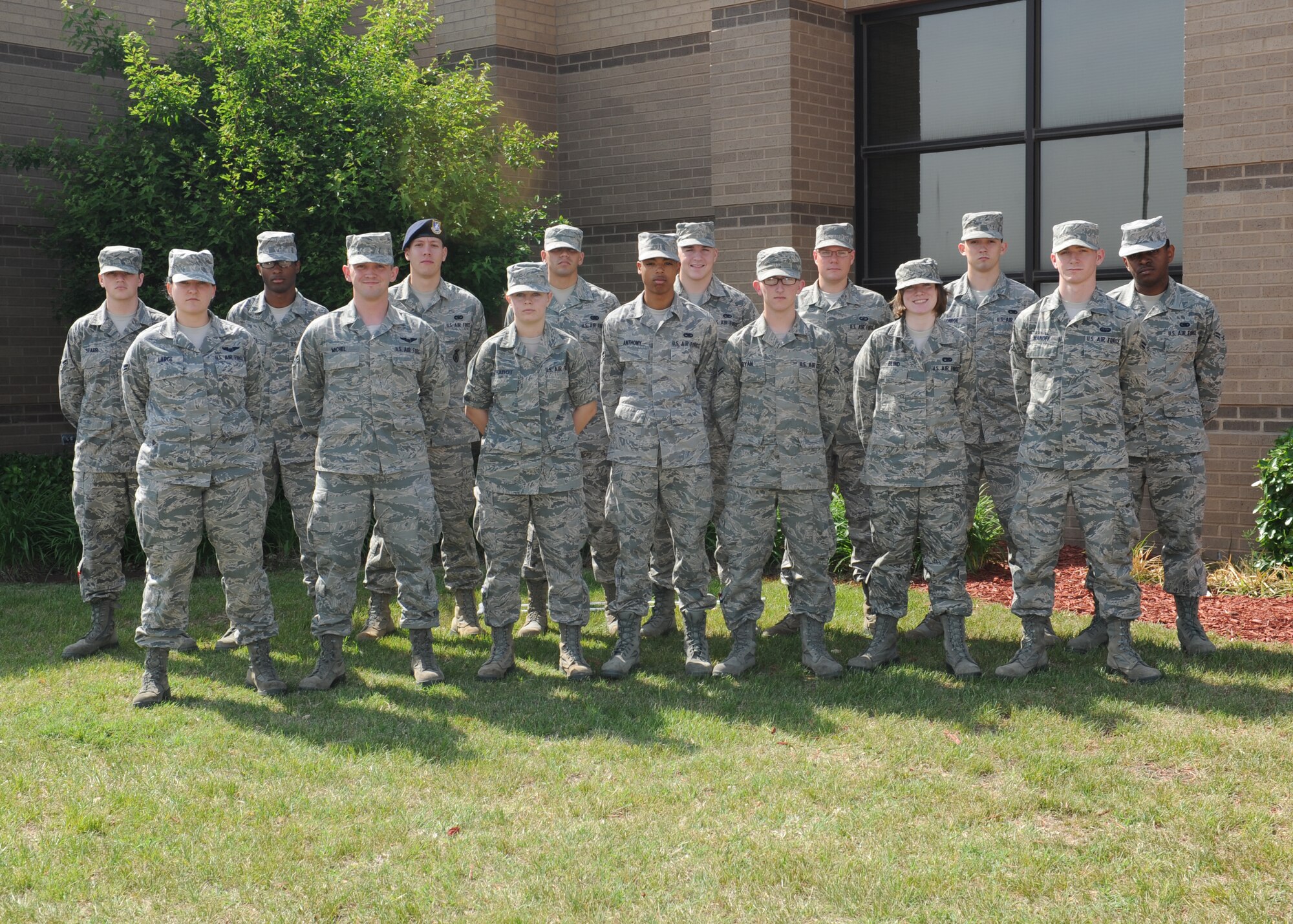 Congratulations to Team McConnell’s newest First Term Airman’s Center graduates May 13, 2011, McConnell Air Force Base, Kan. First Row: Airmen 1st Class Samantha Large, James Michel, Airman Basic Kimberly Chabot, Airman 1st Class Michael Anthony, Corey Bryan, Airman Basic Sara Blind, Airman 1st Class Brian Manoff. Second Row: Airmen 1st Class Steven Starr, Jared Reeves, David Hatfield, Jesus Cintron, Evan Parsons, Jeffrey Winfield, Zachary Monroe and Elijah Colyar. (U.S. Air Force Photo/Airman 1st Class Katrina M. Brisbin)