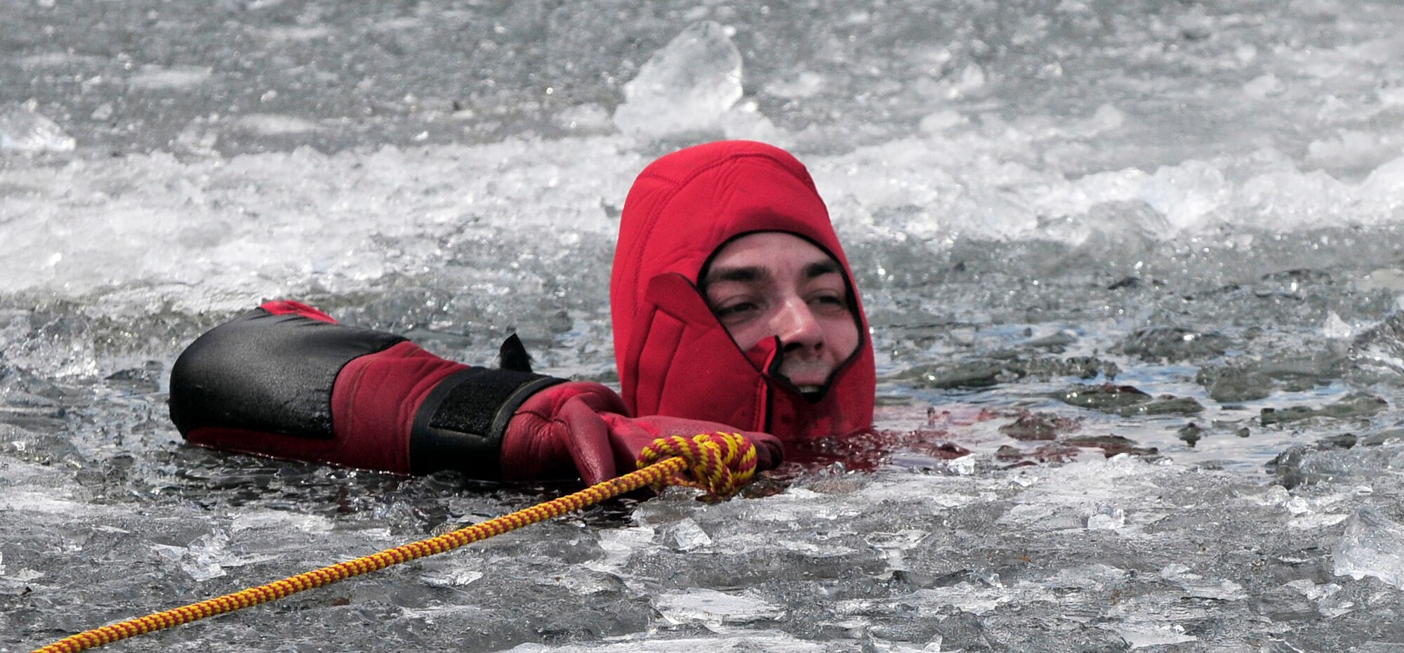 Airman 1st Class David Piasecki volunteers to be a victim during icy water rescue training May 6, 2011, at Eielson Air Force Base, Alaska. Airman Piasecki is assigned to the 354th Civil Engineer Squadron Fire Protection Flight. (U.S. Air Force photo/Airman 1st Class Laura Goodgame)